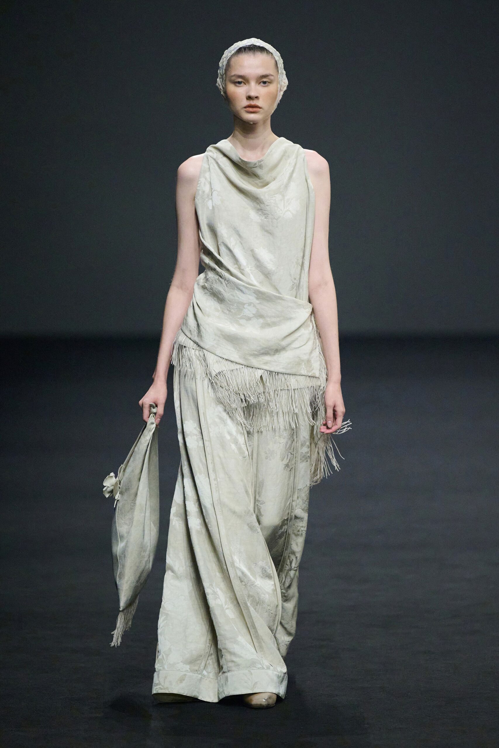 gray silk sleeveless high-neck relaxed draped fringed dress