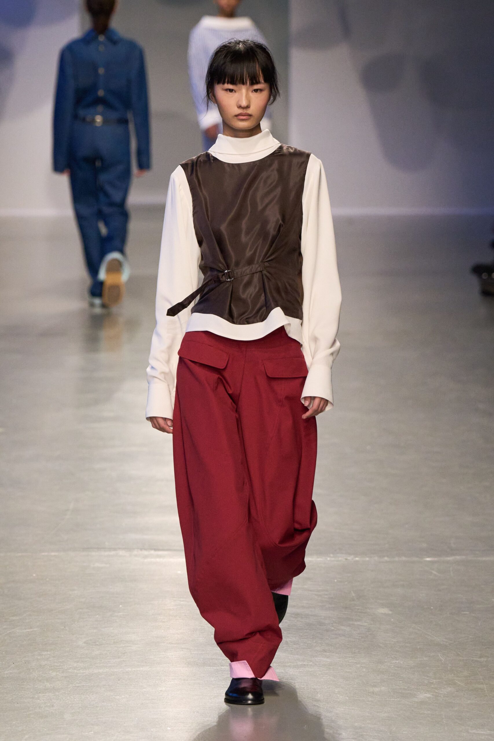 brown silk long-sleeve collared fitted belted top