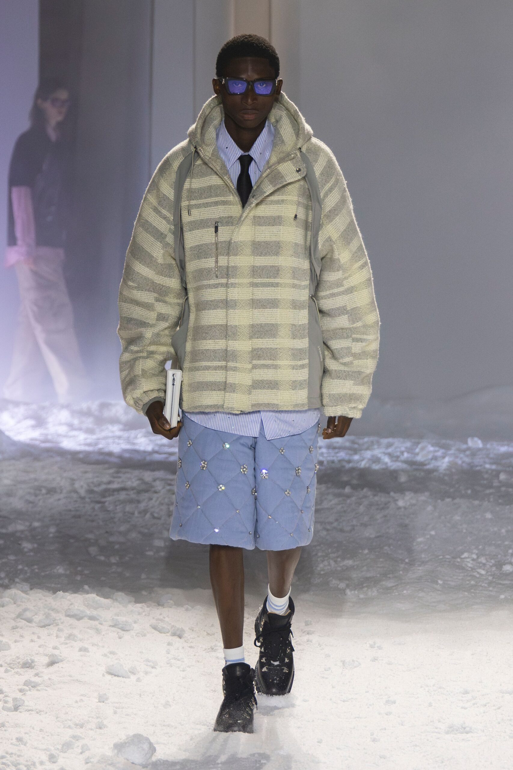 gray checked jacket with shorts