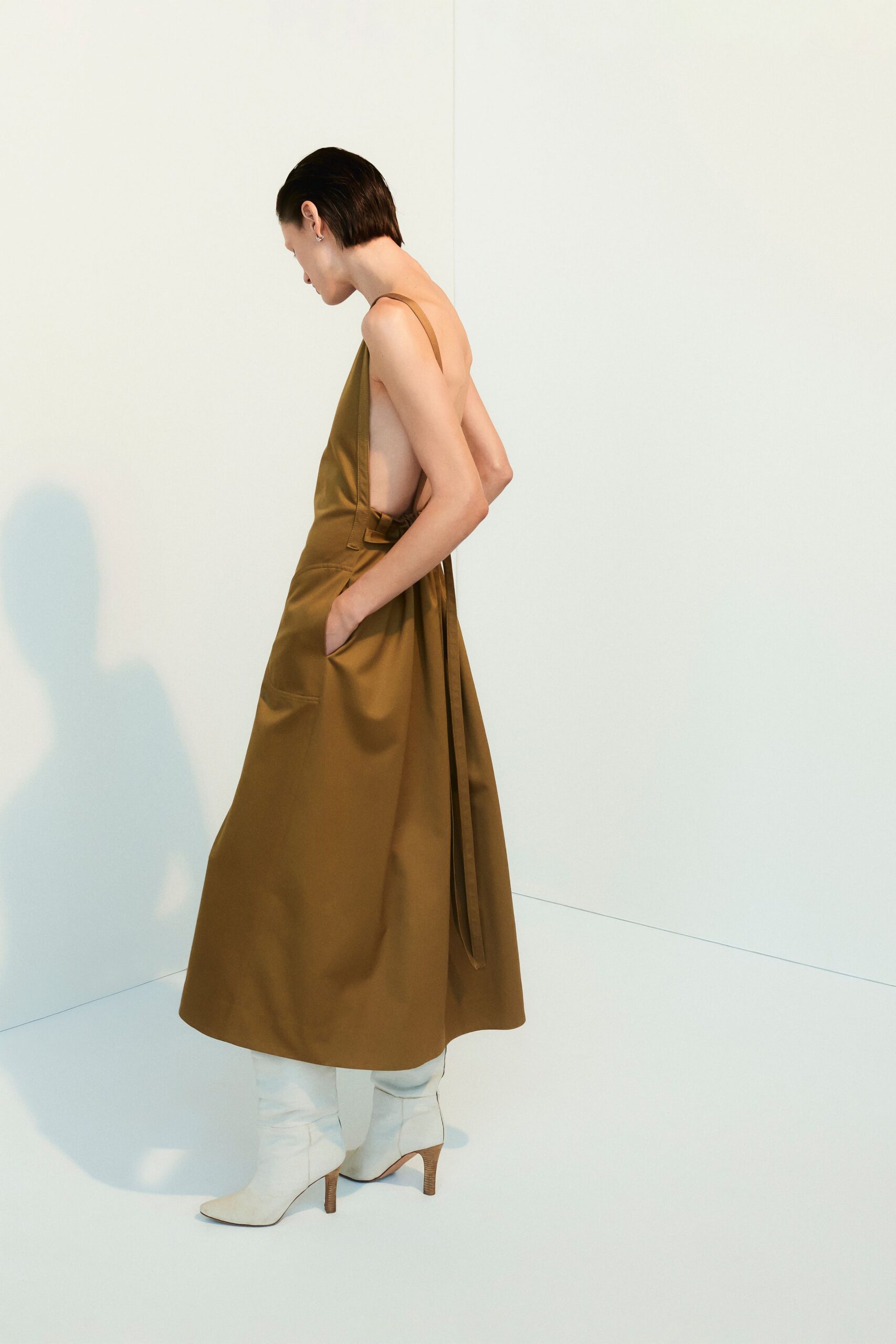 brown cotton sleeveless backless fitted a-line pockets dress