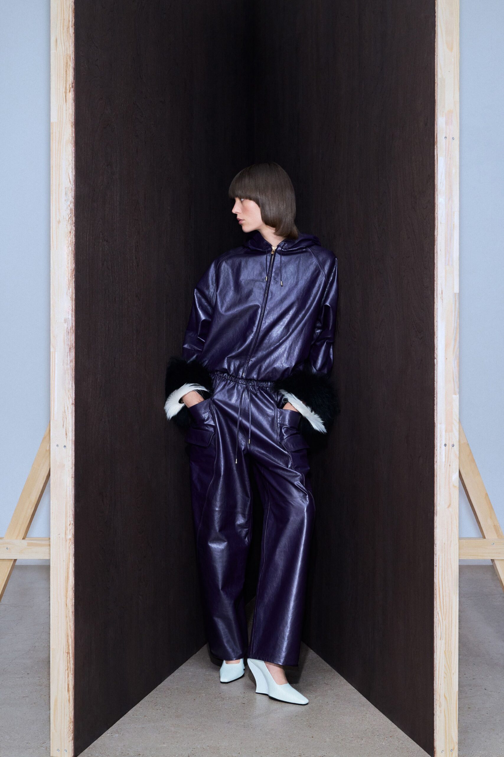 purple leather long-sleeve hooded relaxed zippered jacket