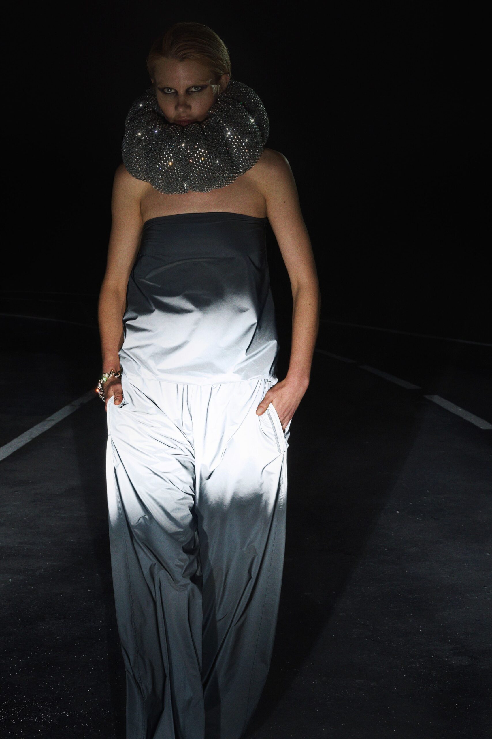 gray silk relaxed wide-leg flowing pants
