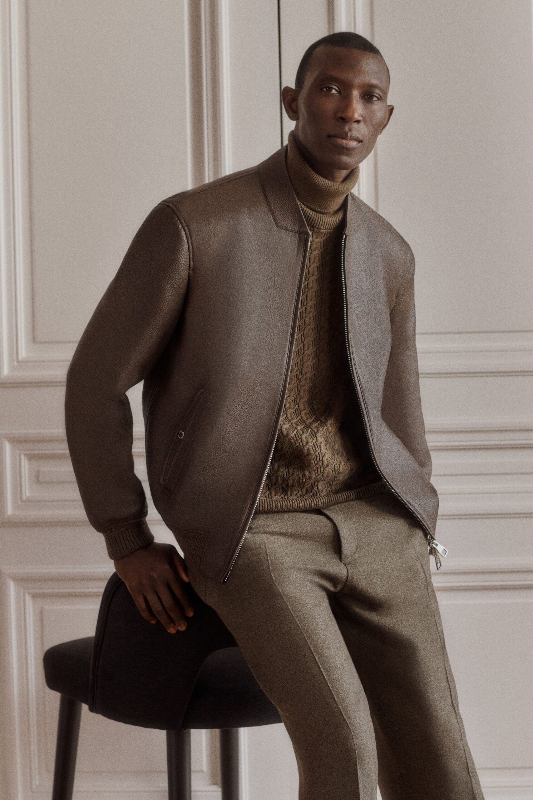 brown wool long-sleeve collared structured zippered jacket