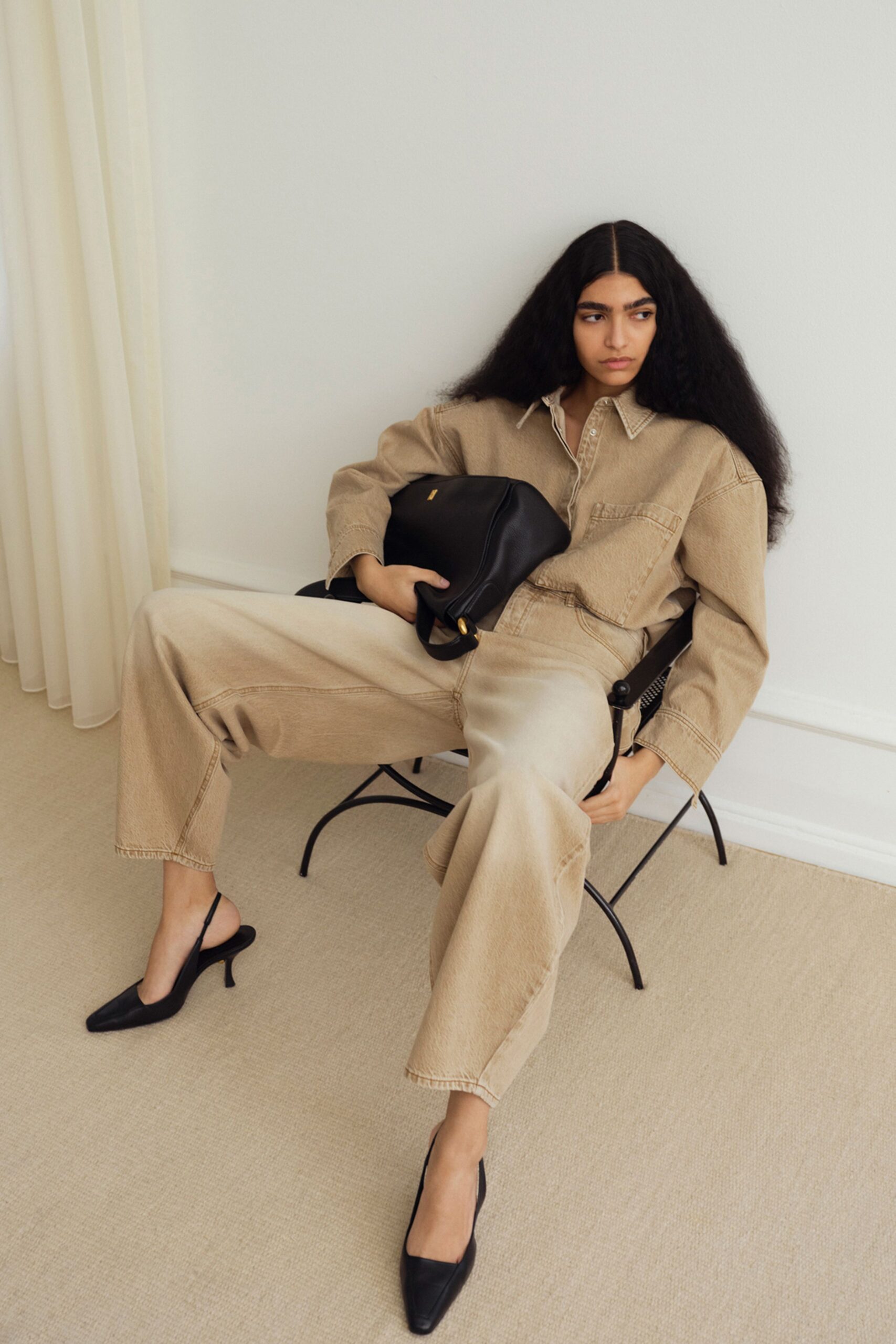 beige denim long-sleeve collared relaxed buttoned jumpsuit