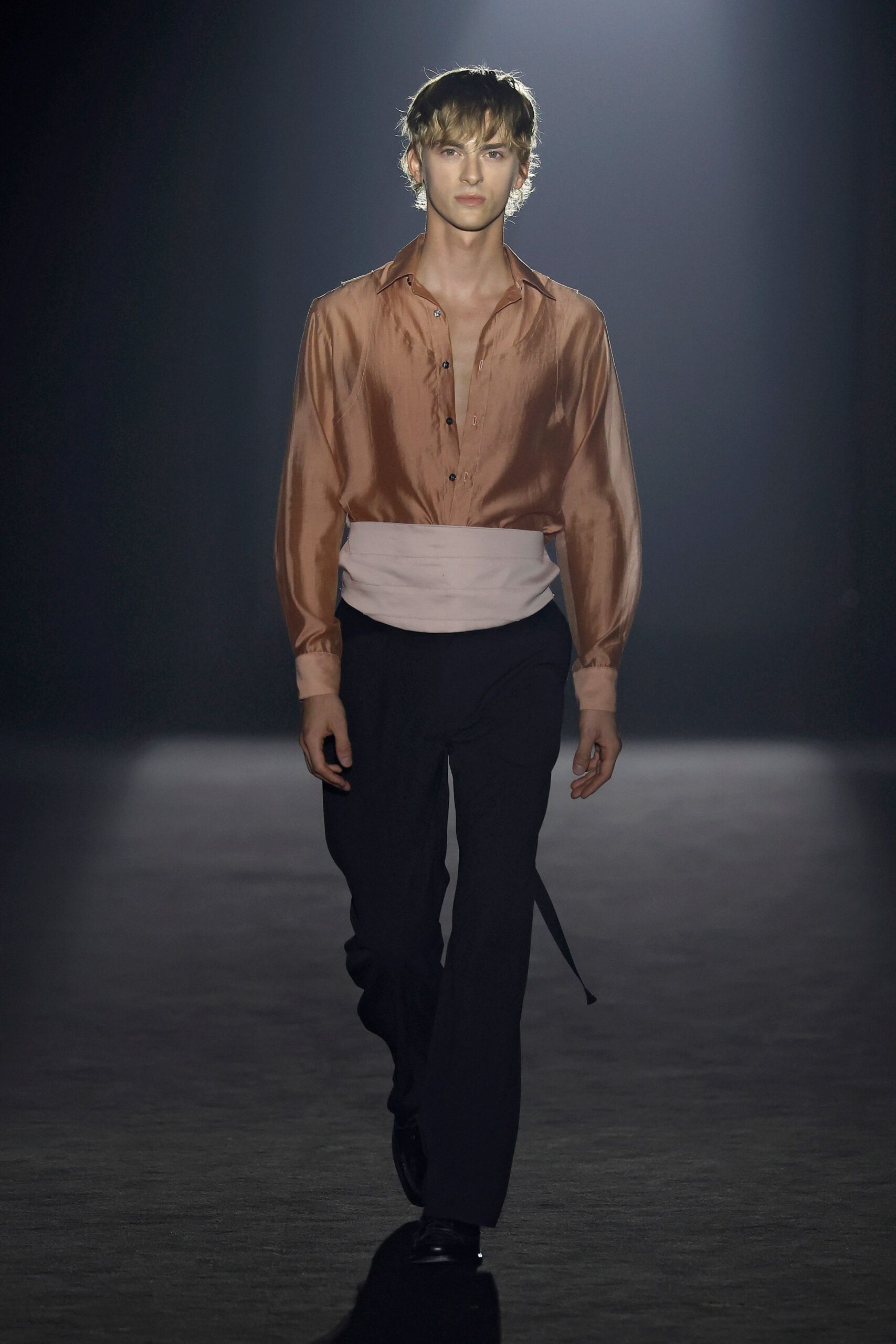 orange silk shirt with black pants