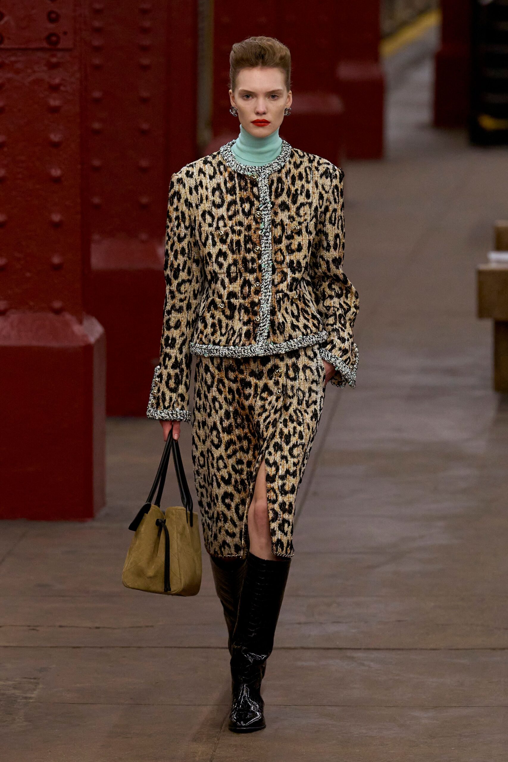 beige silk long-sleeve collared fitted animal-print buttoned blazer