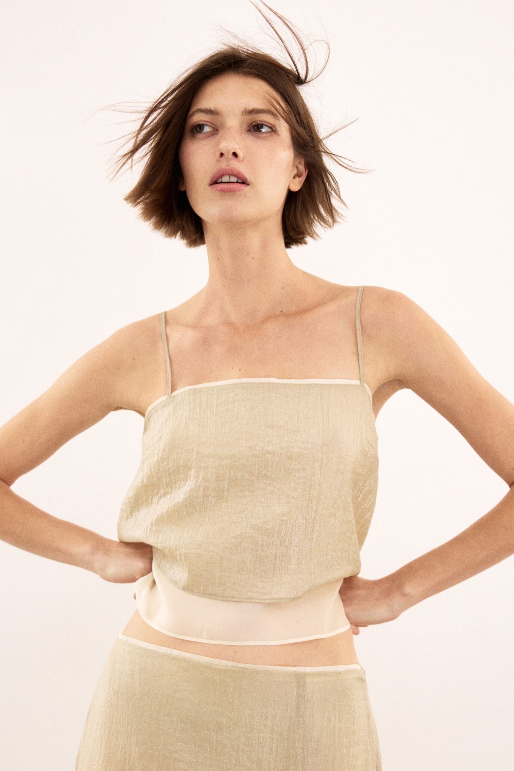 beige silk sleeveless square-neck fitted textured top