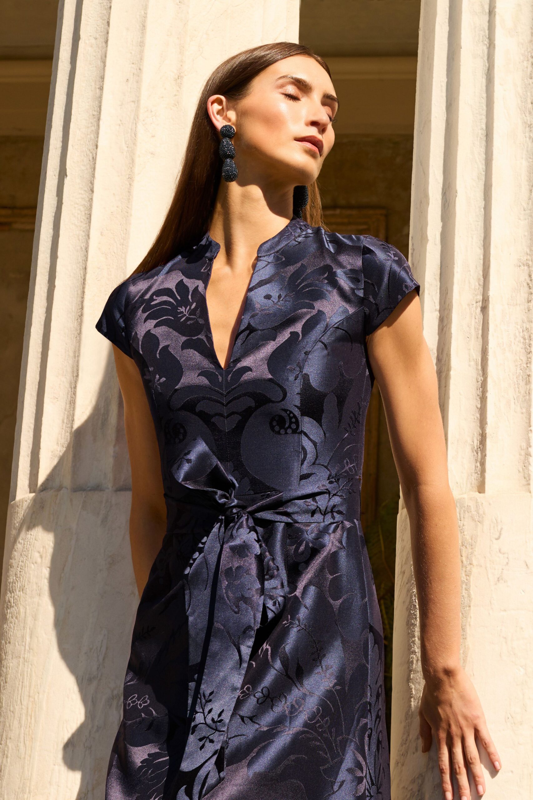 blue silk floral belted dress