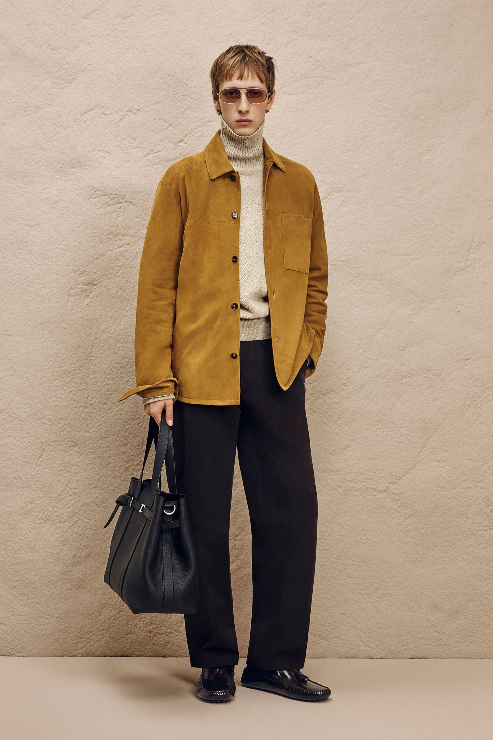 brown suede jacket beige sweater