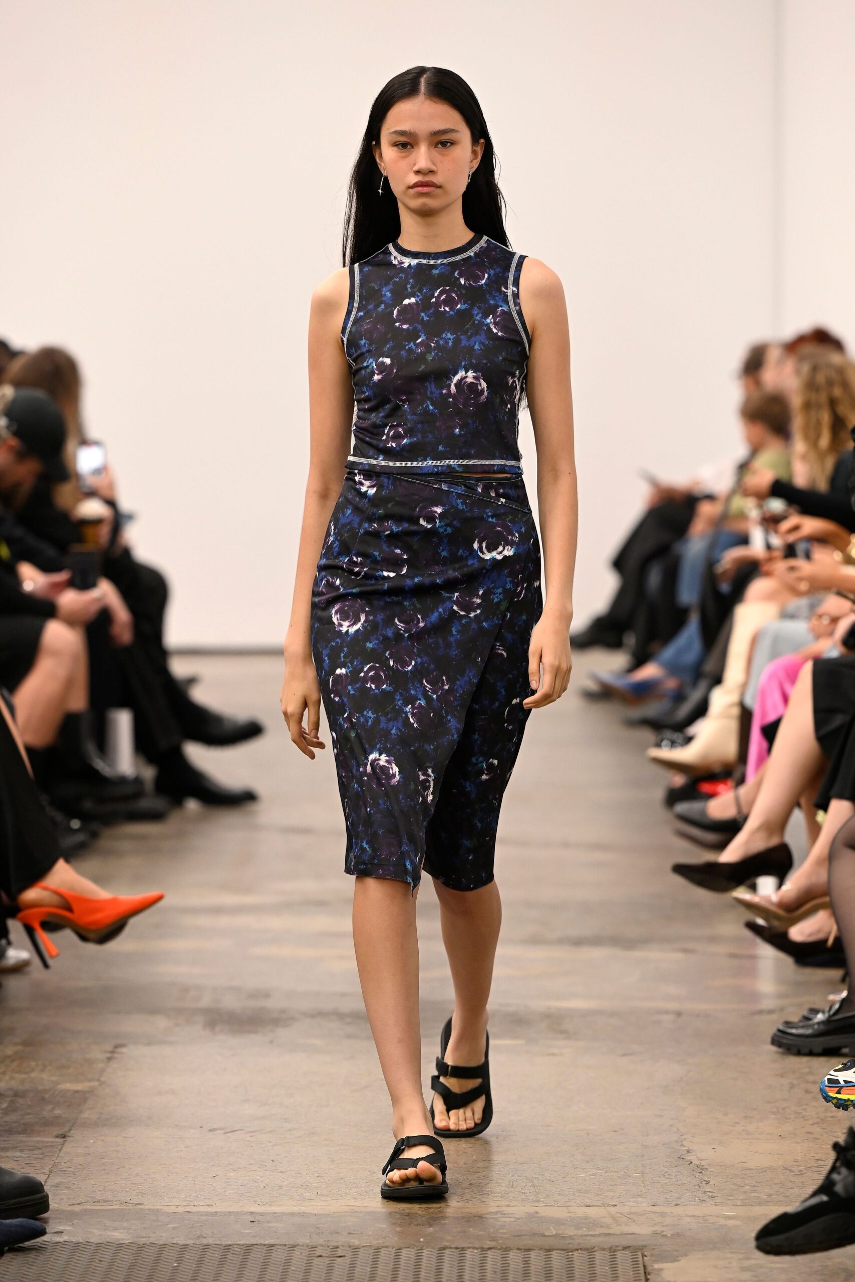 blue cotton sleeveless high-neck fitted printed midi dress
