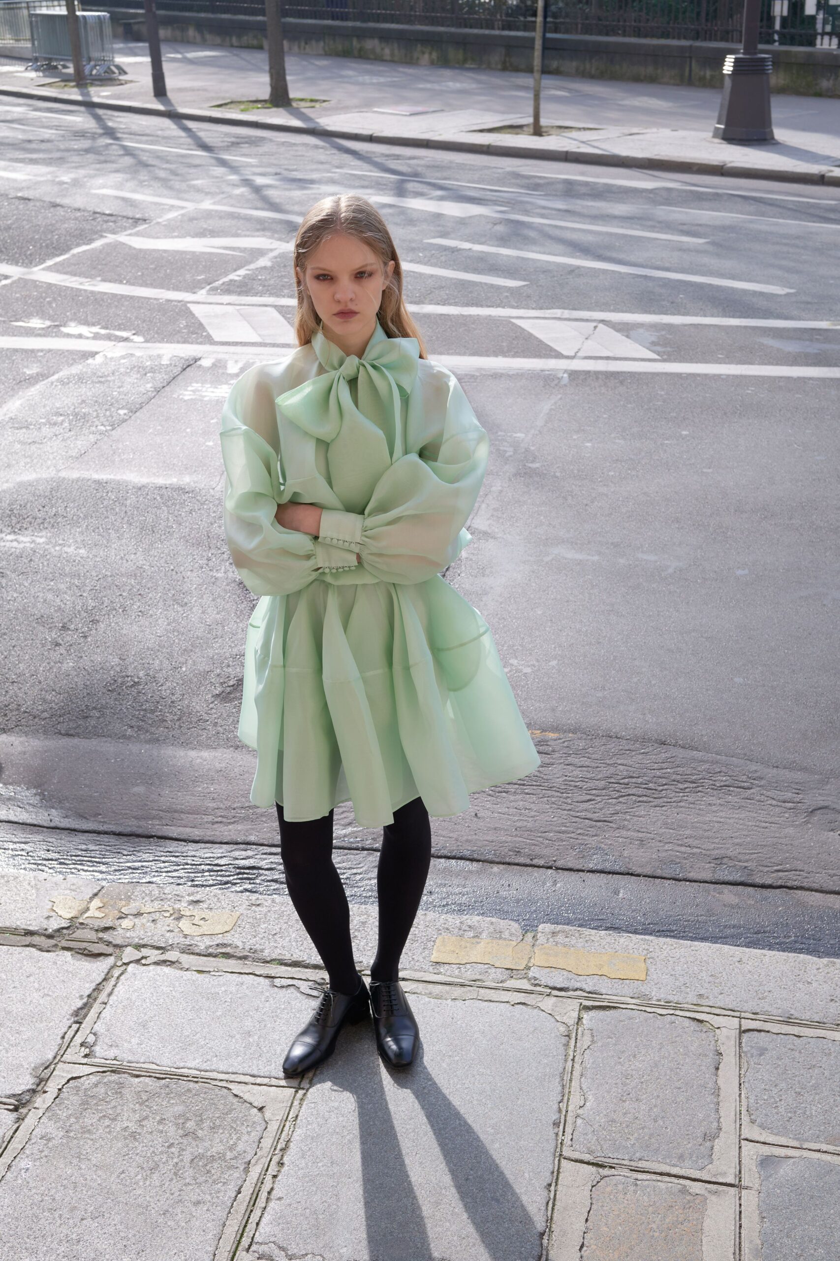 green silk long-sleeve collared fitted pleated sheer dress