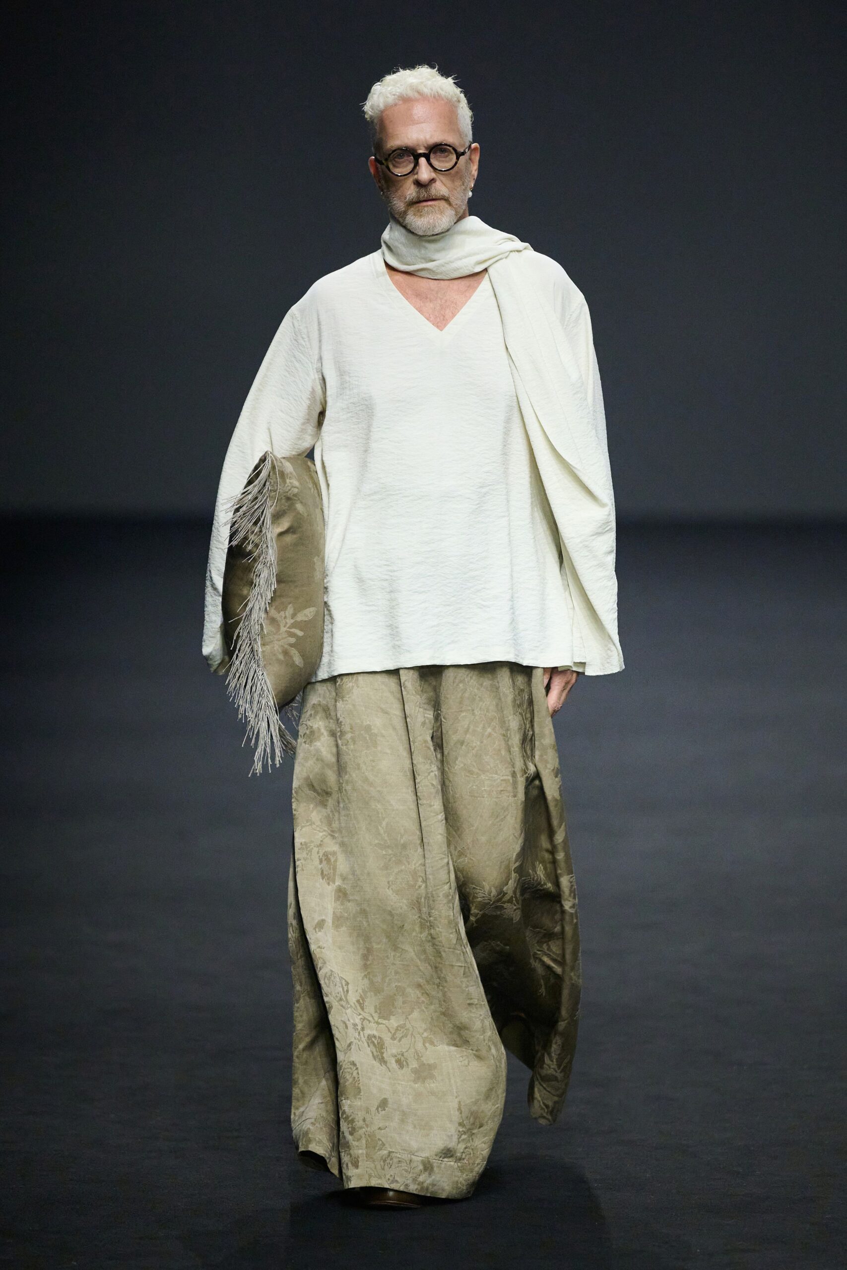 white relaxed top with beige wide-leg pants