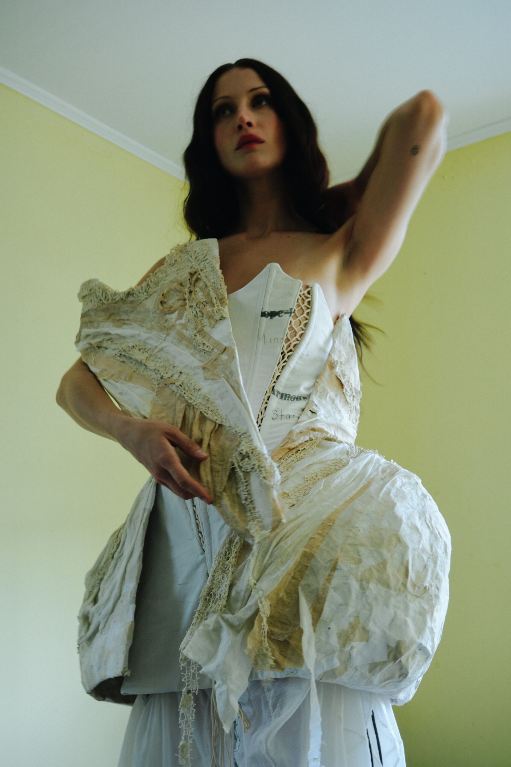 white fitted midi dress with beige cape
