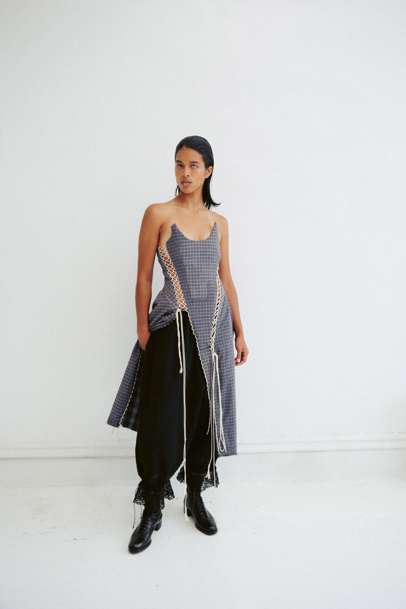 blue cotton sleeveless v-neck fitted layered pleated dress