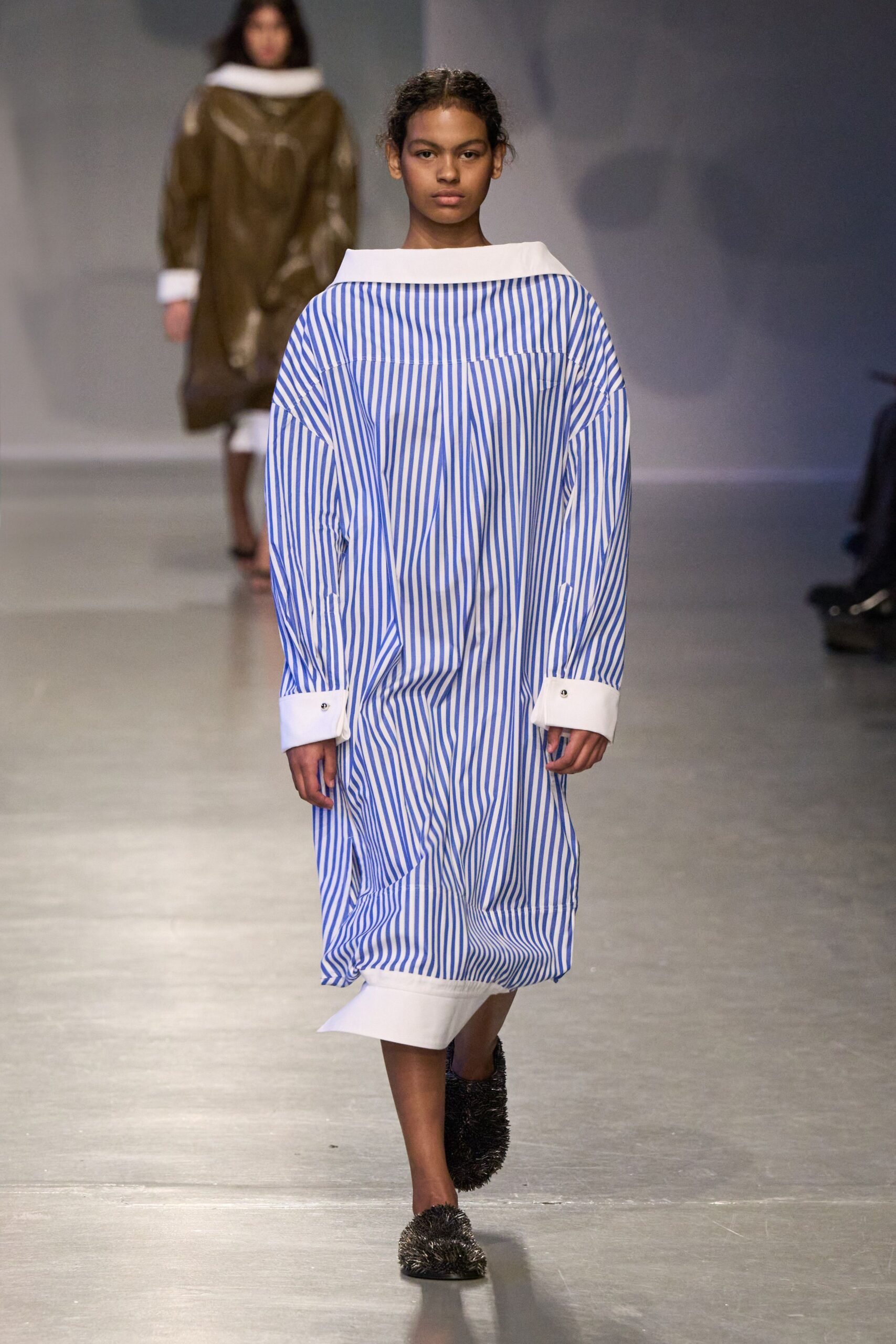 blue and white striped midi dress