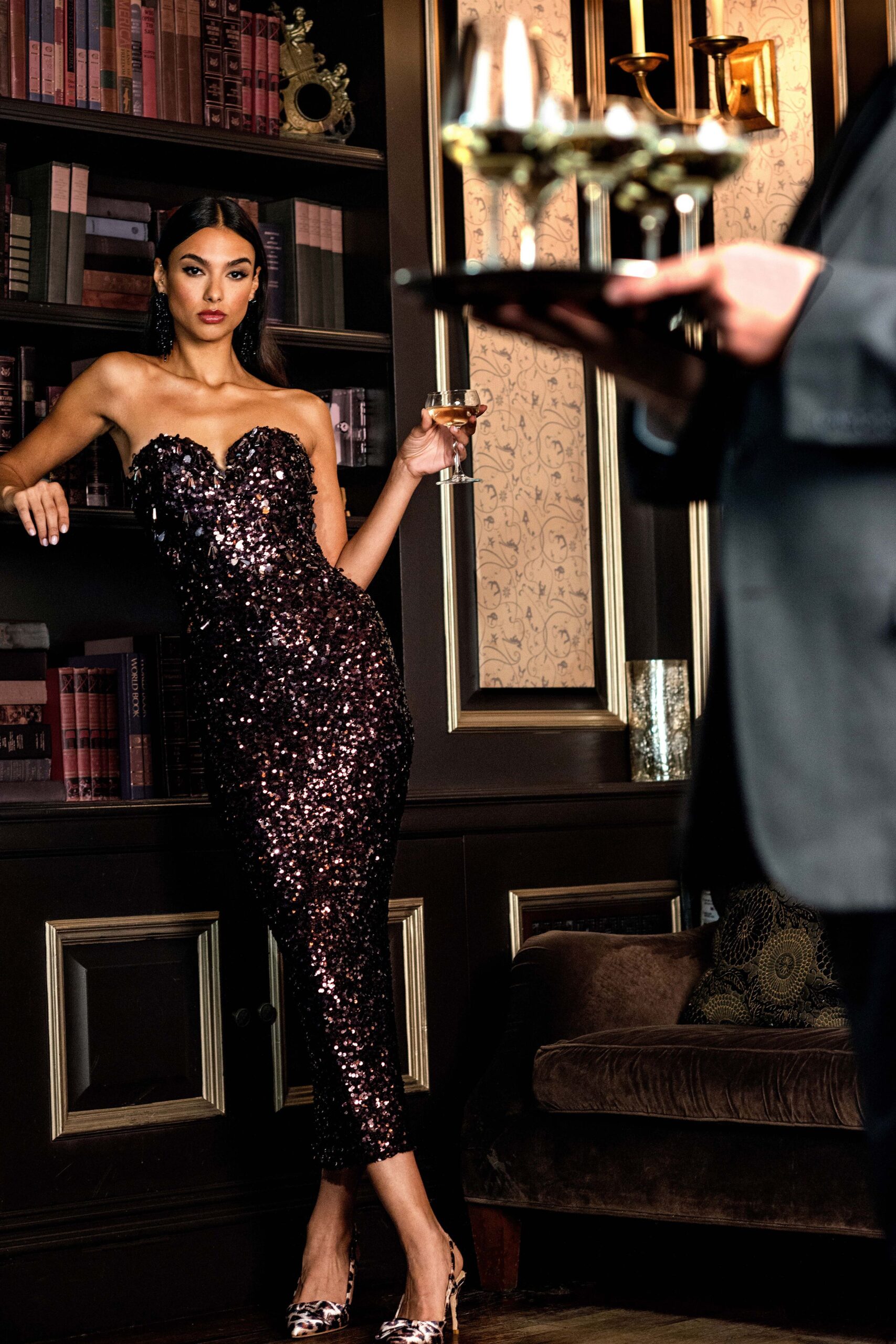 black sequin strapless gown