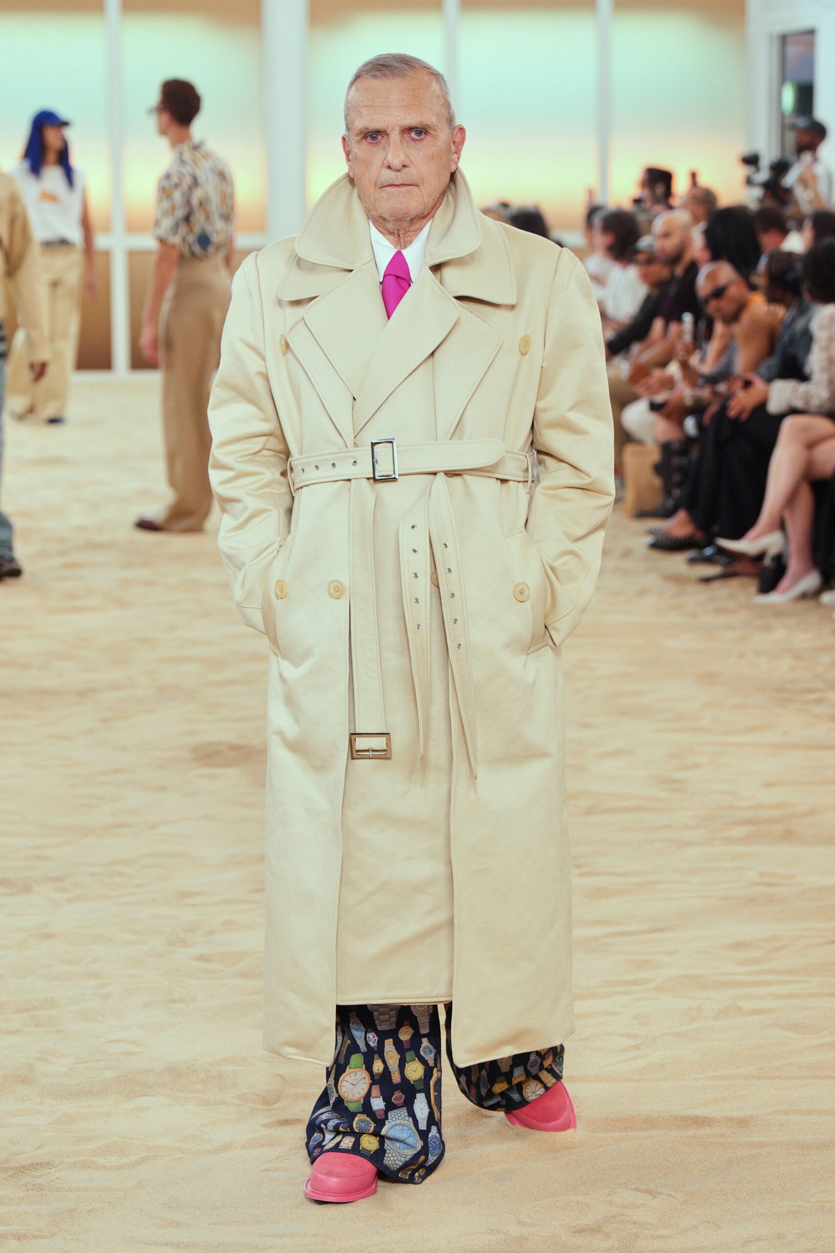 beige trench coat with printed pants
