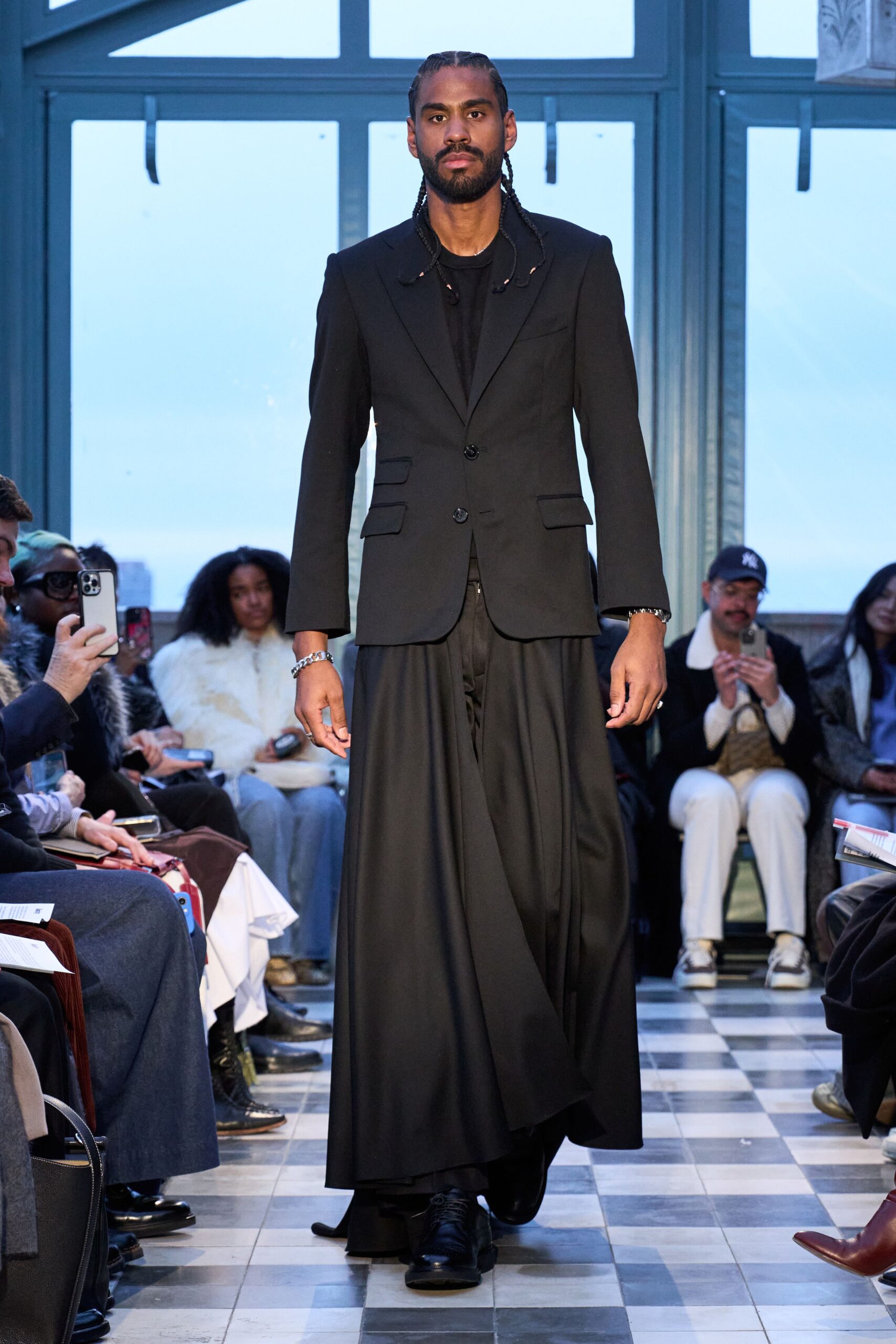 black wool asymmetric fitted pleated maxi skirt