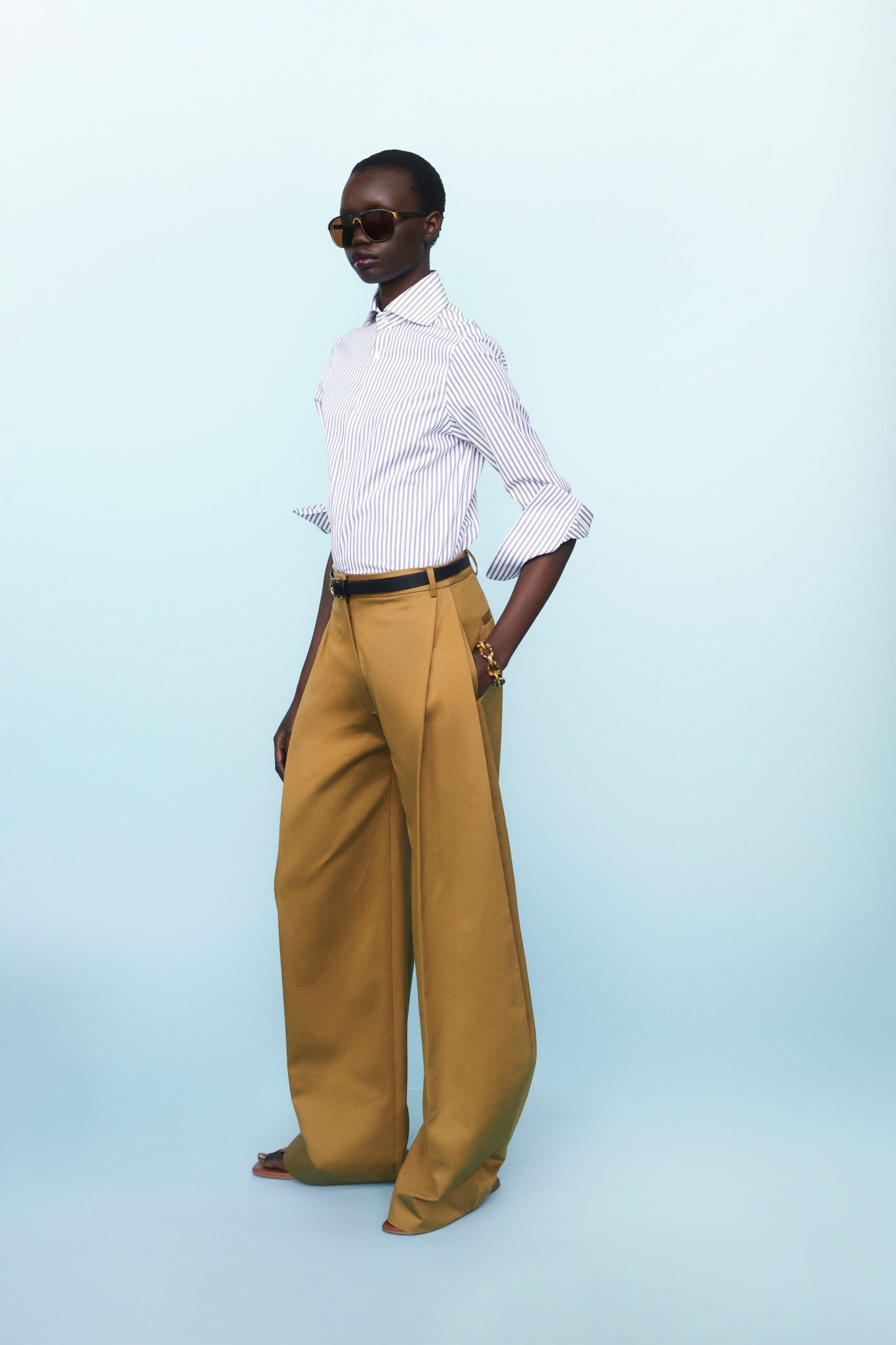 brown cotton tailored wide-leg pleated pants