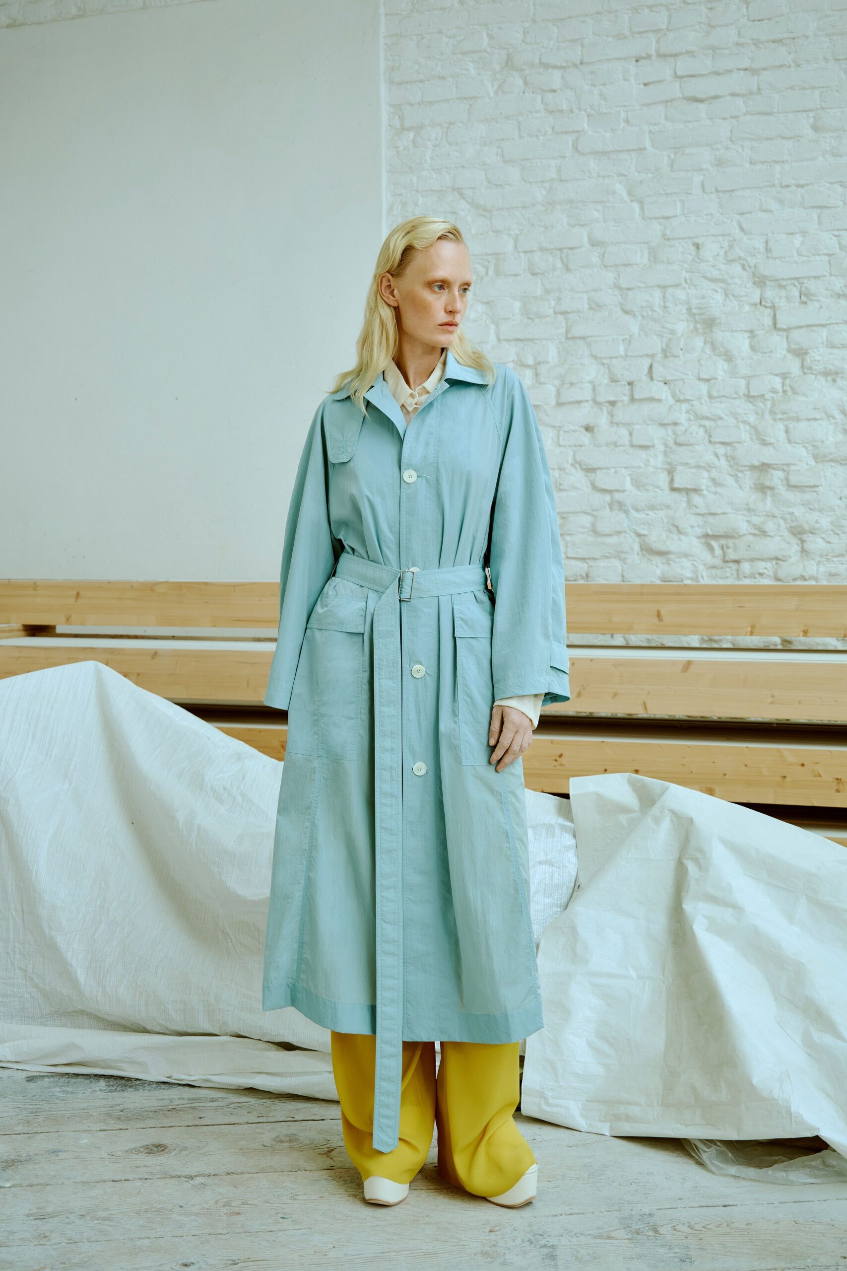 blue cotton long-sleeve collared relaxed belted maxi coat