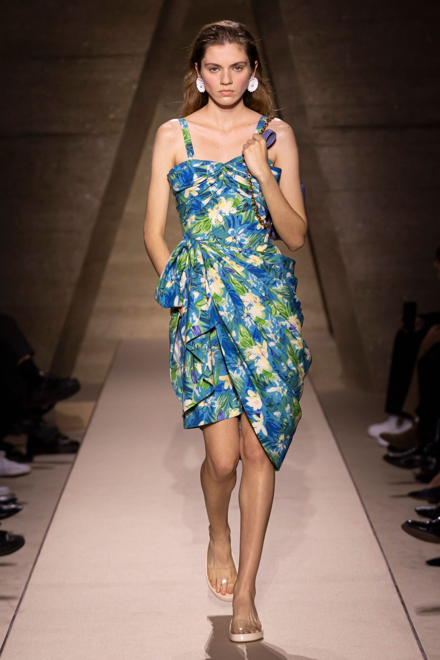 floral mini dress with clear shoes