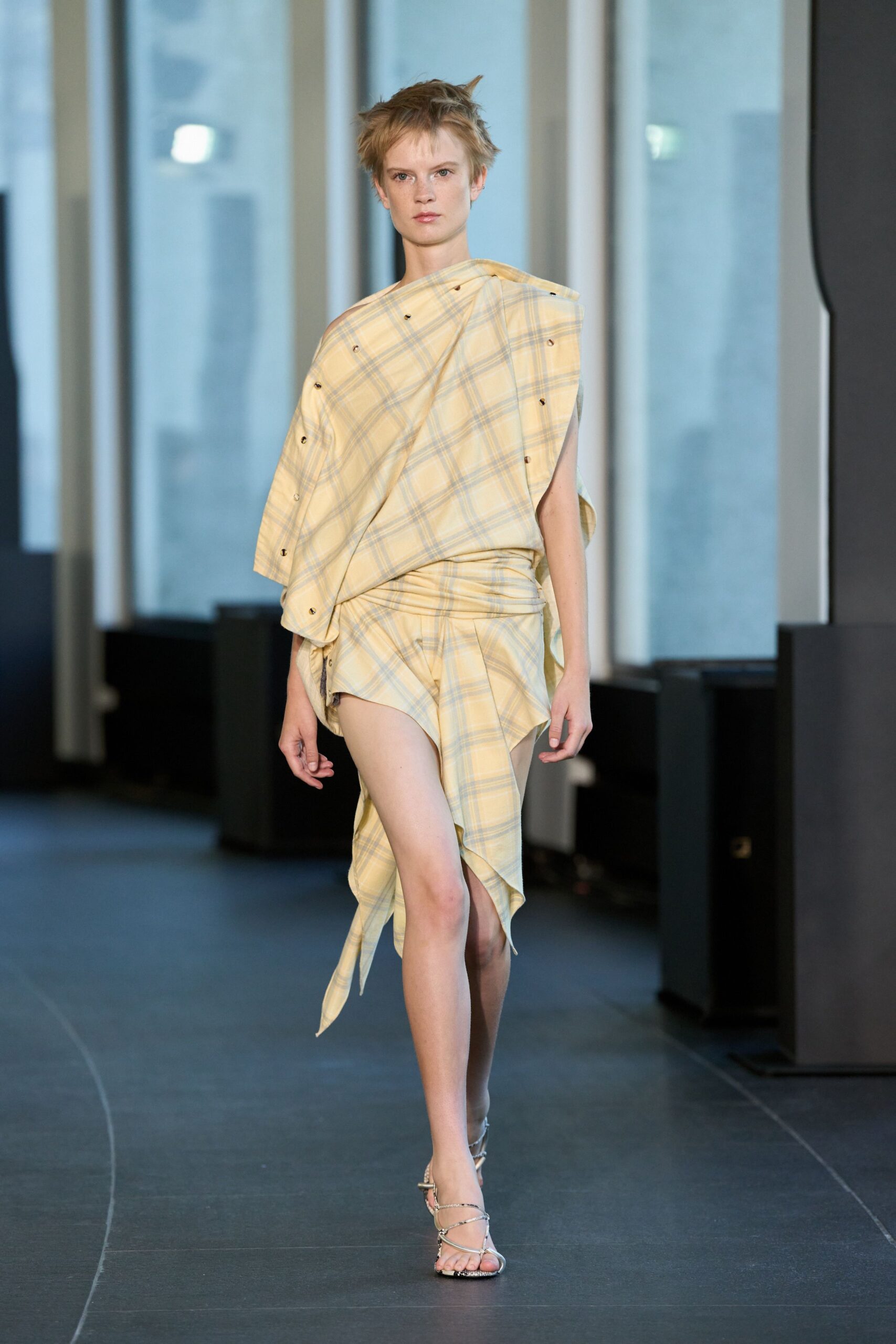 yellow plaid mini dress with clear shoes