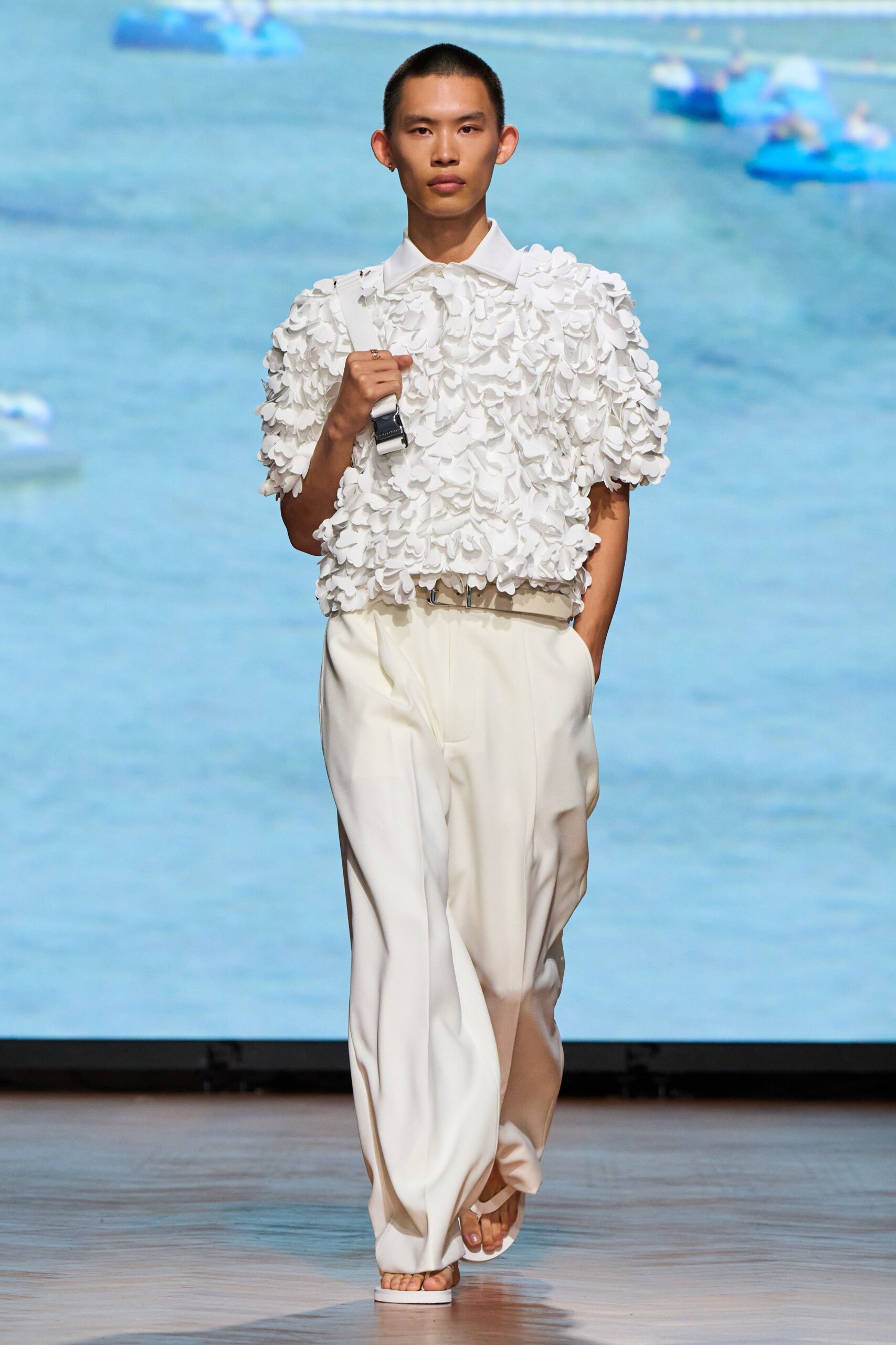white cotton short-sleeve collared relaxed ruffled top