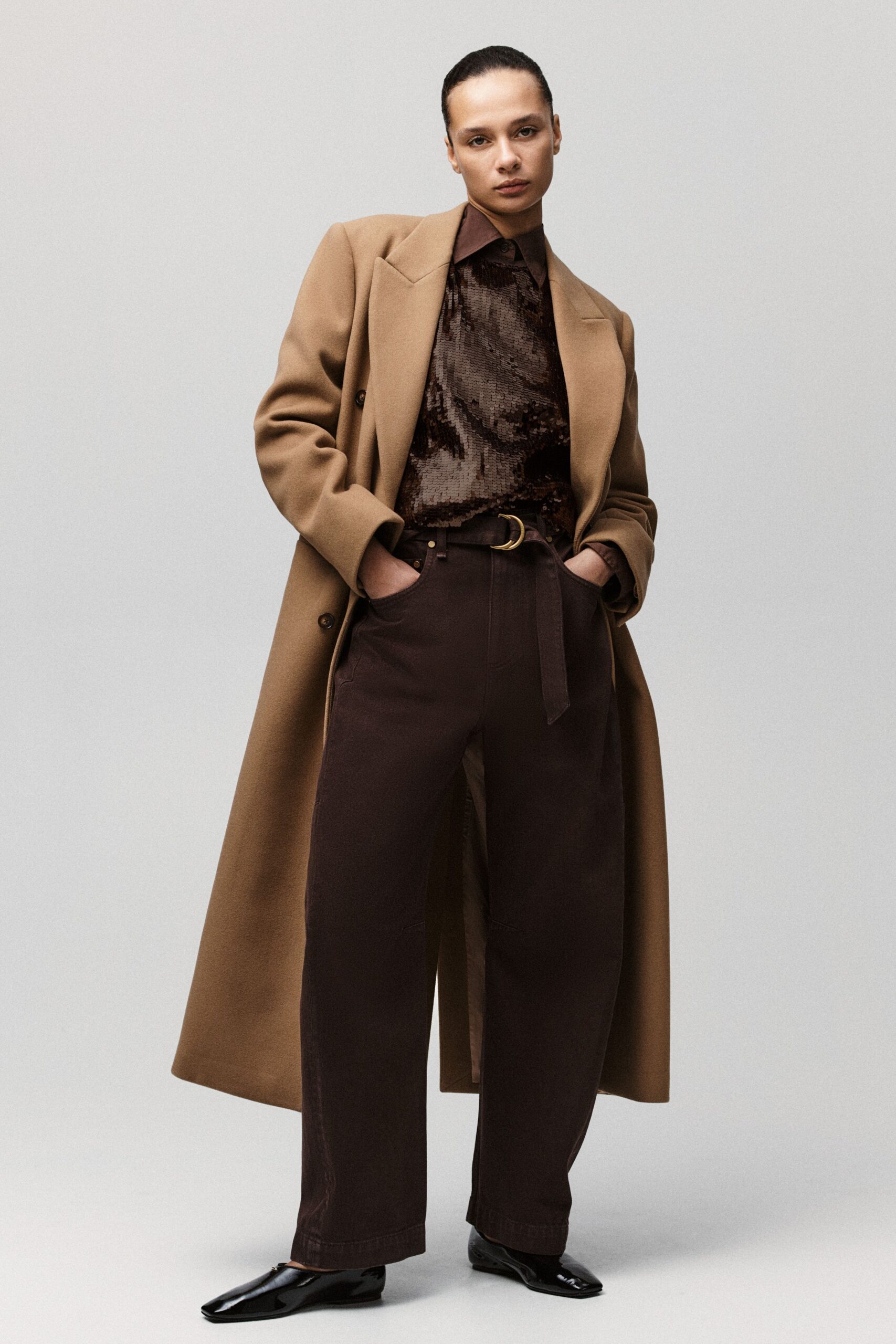 brown wool long-sleeve collared tailored buttoned maxi coat