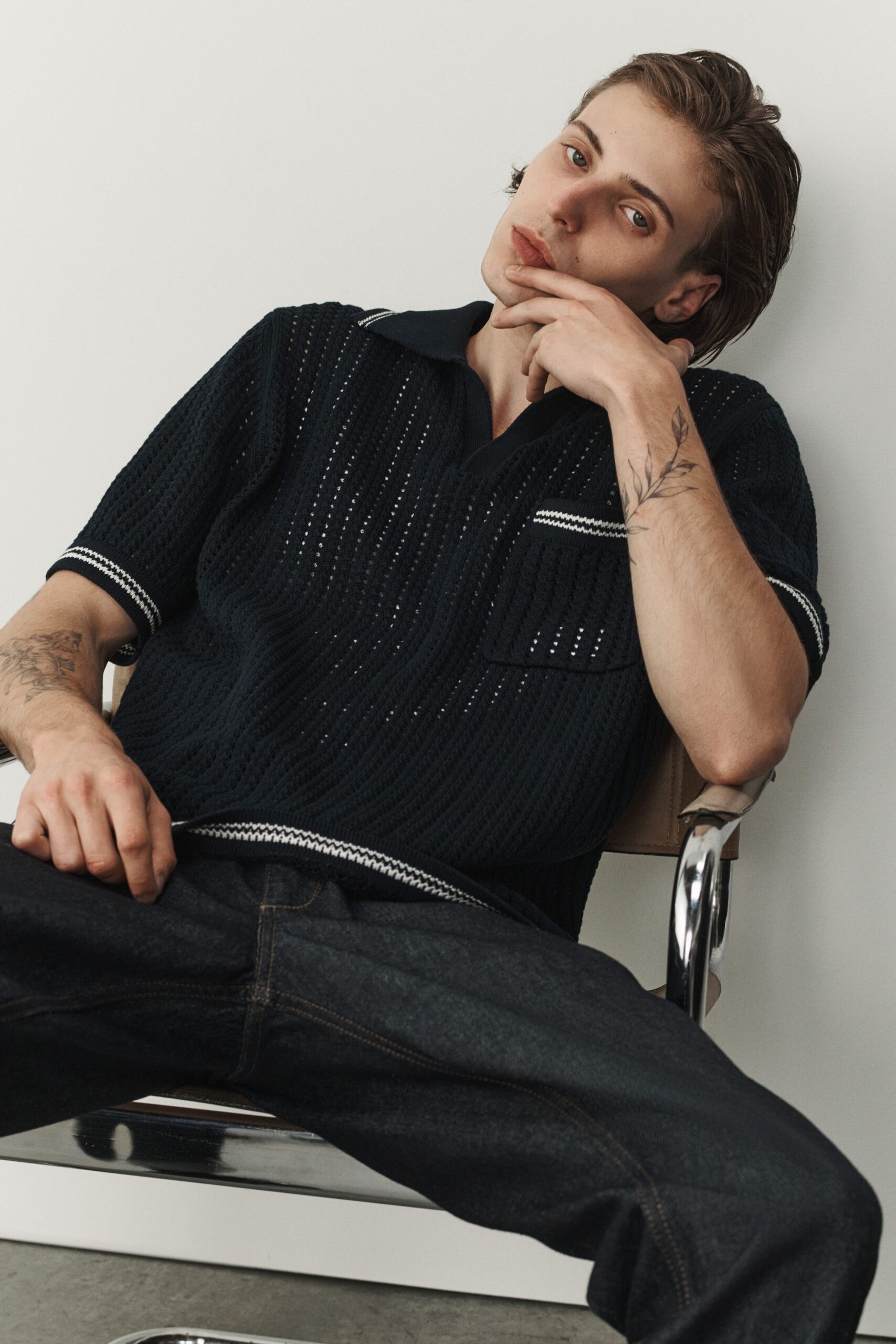 black cotton short-sleeve collared relaxed textured shirt
