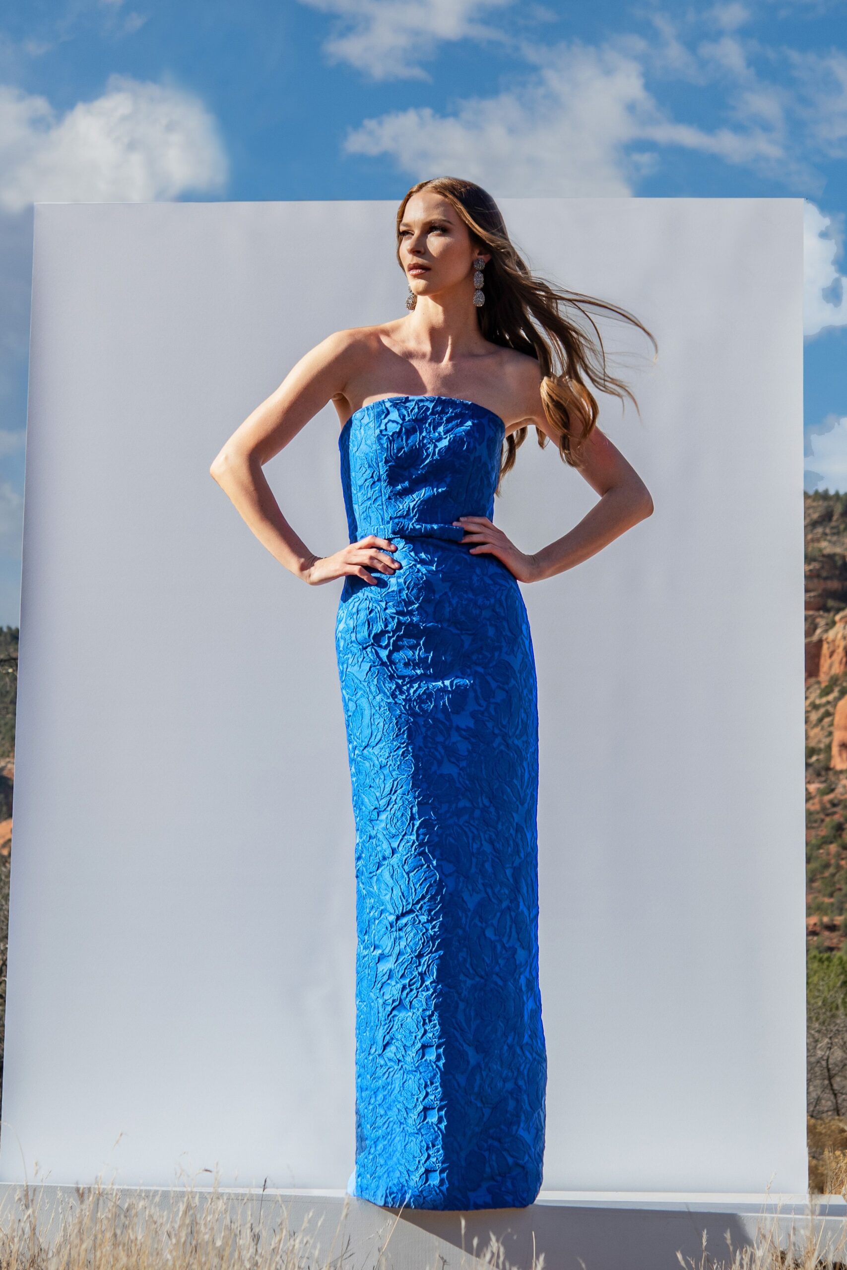blue embroidered strapless gown