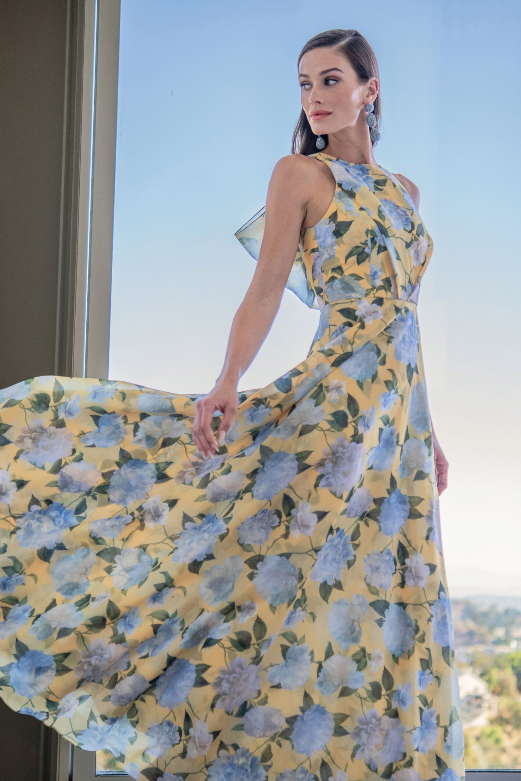 yellow floral silk gown
