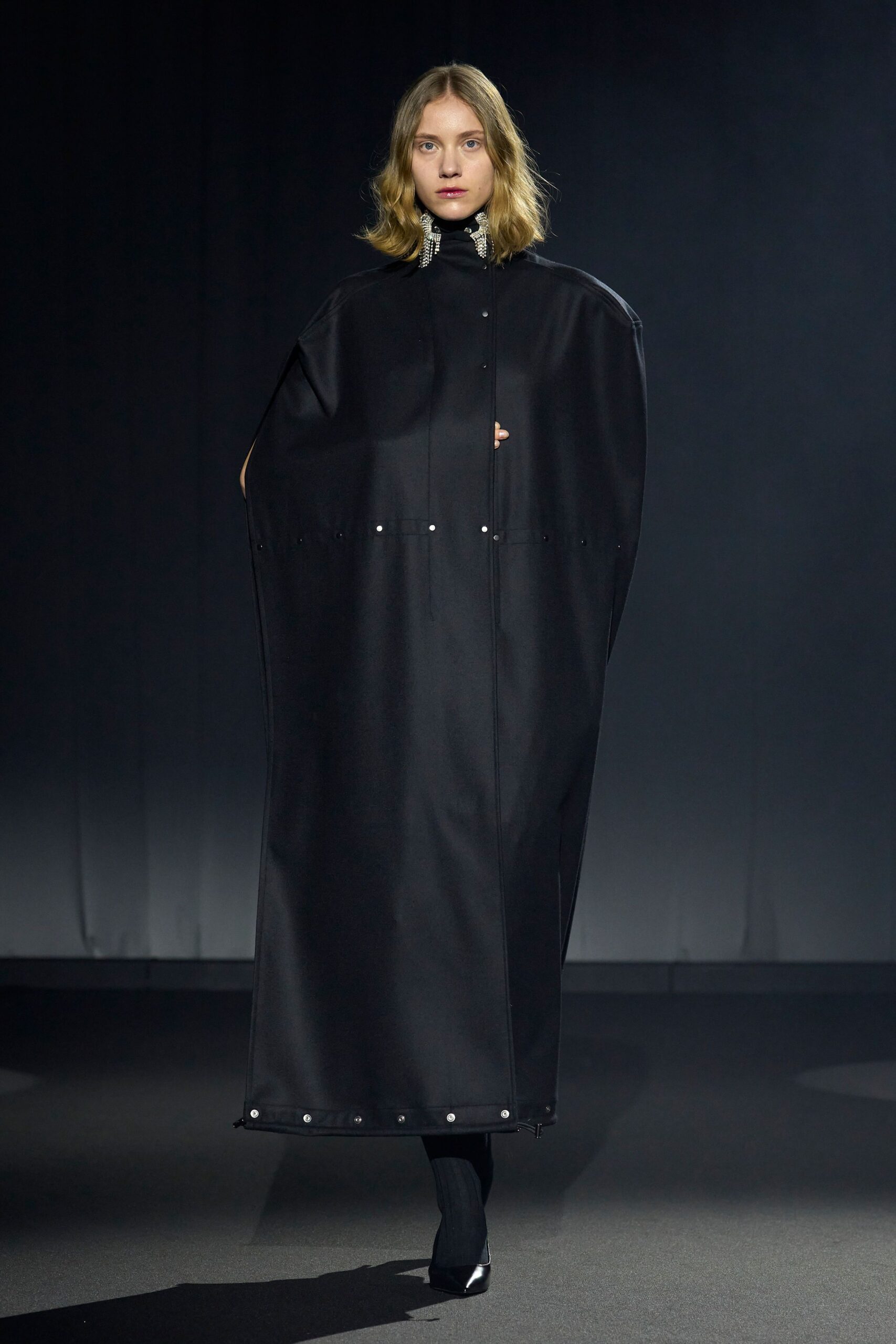 black cotton long-sleeve collared relaxed zippered maxi cape