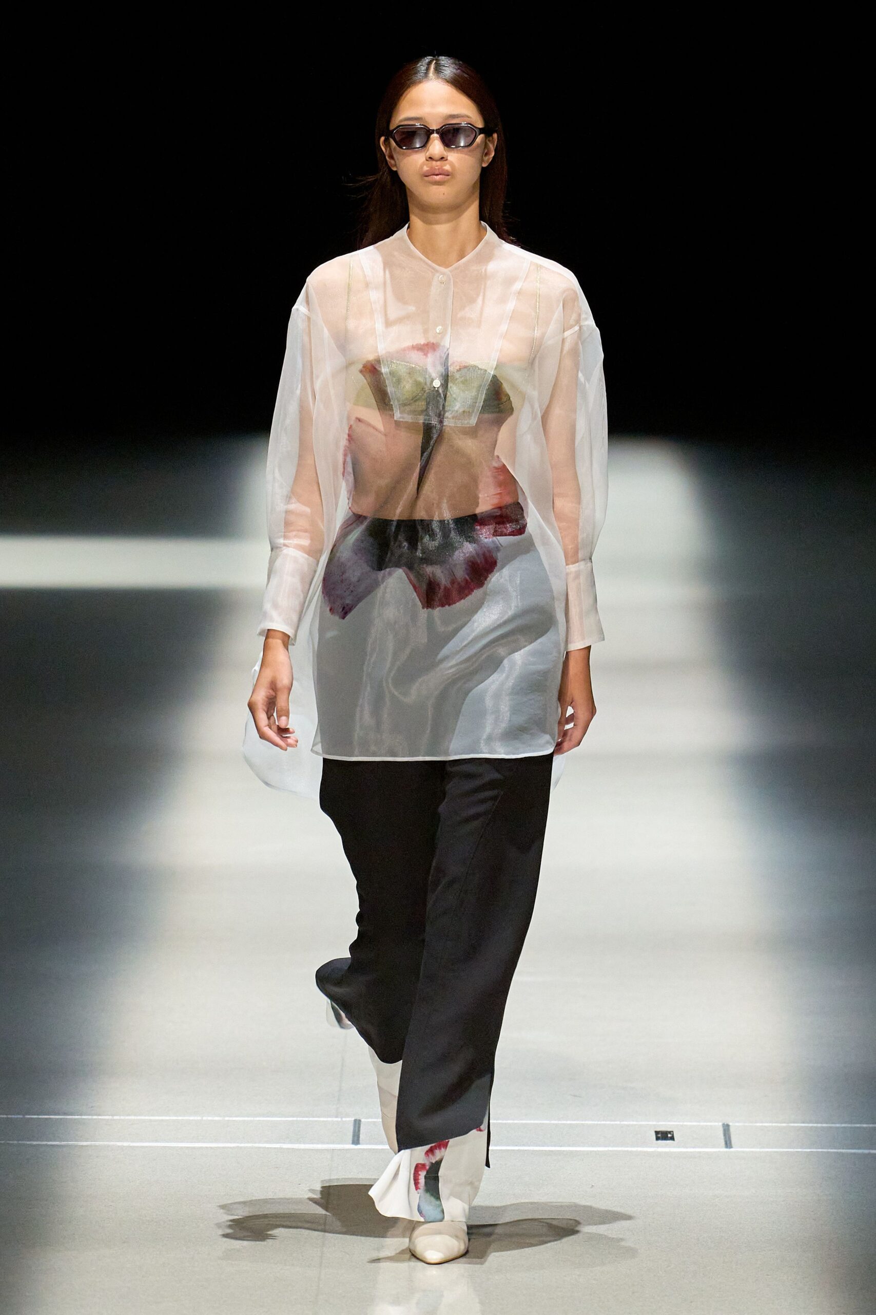 white chiffon long-sleeve collared relaxed embroidered sheer shirt