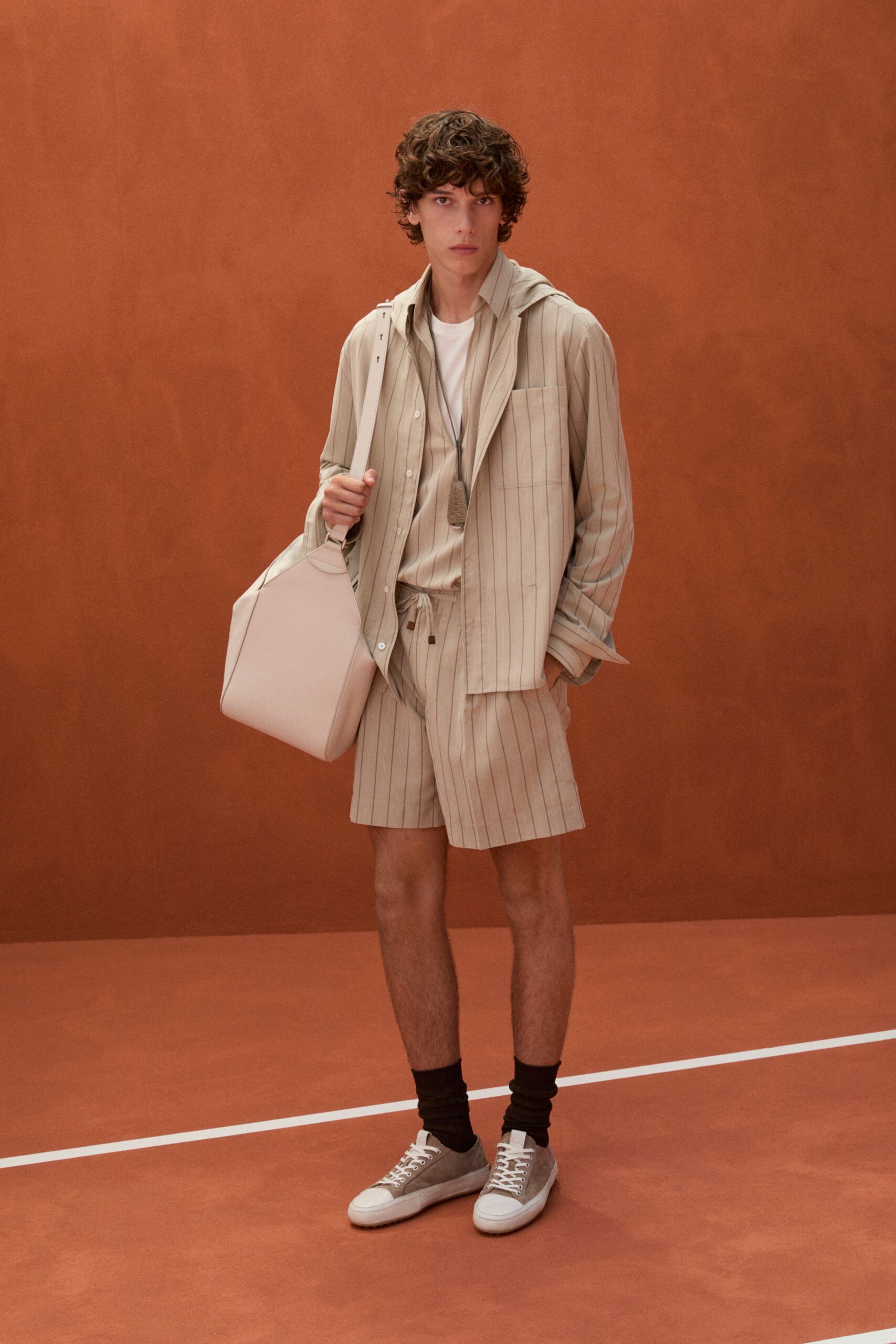 beige cotton relaxed striped shorts