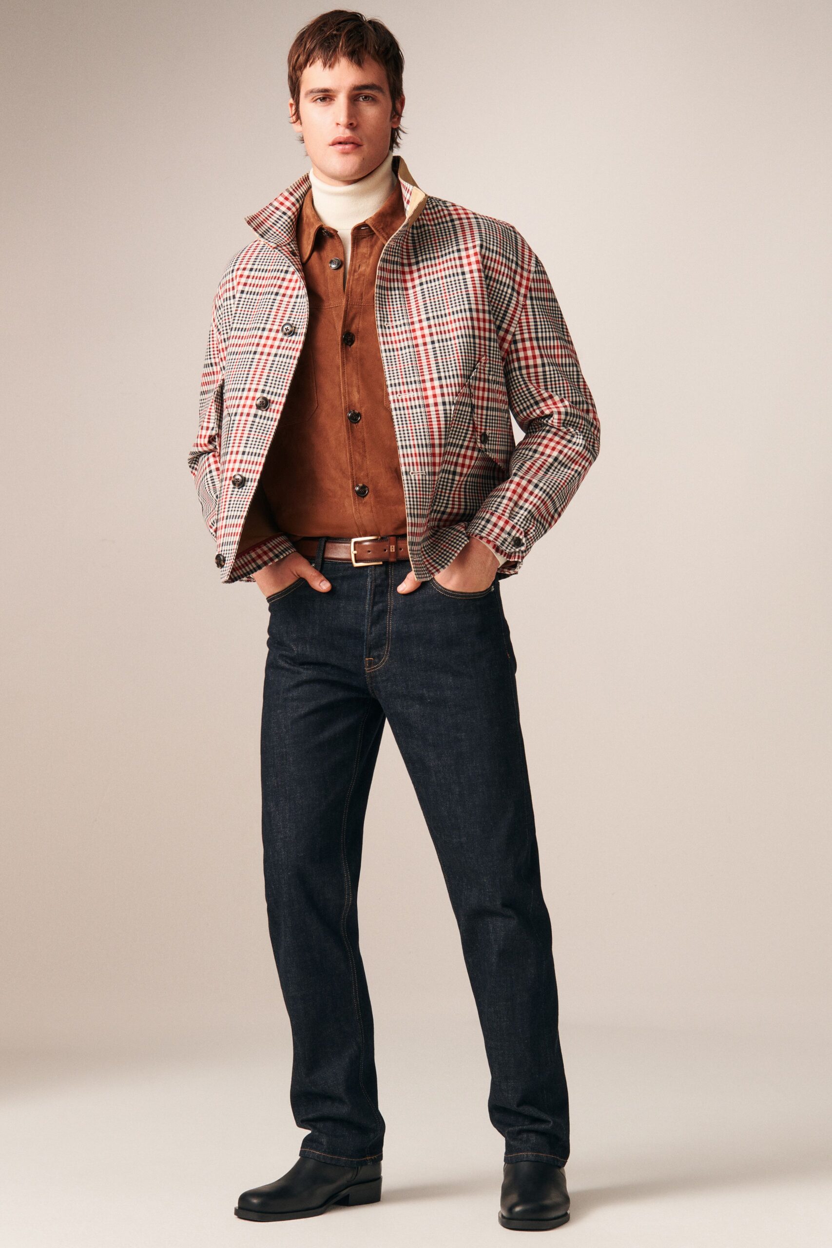 checked jacket with brown shirt