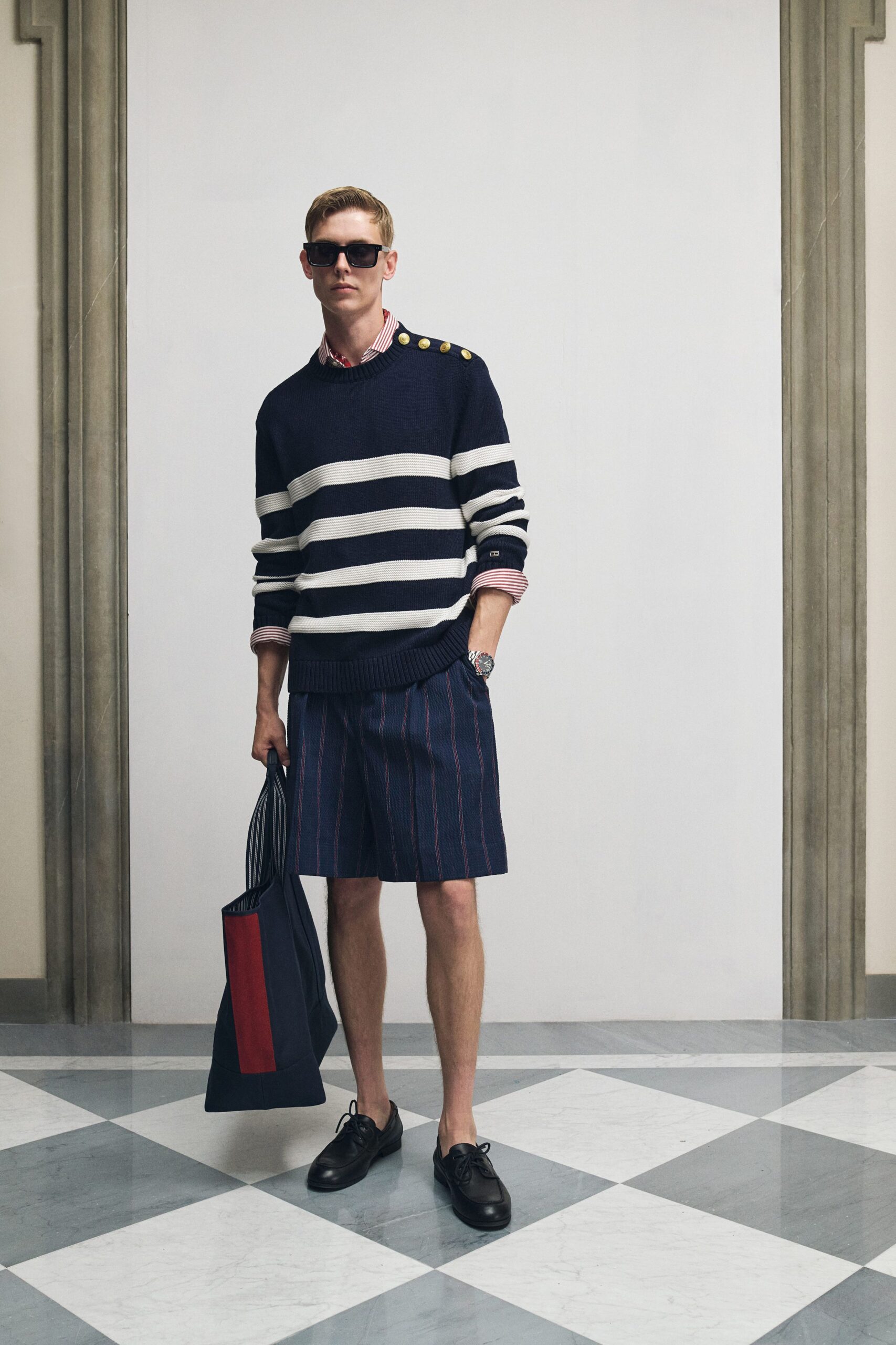 navy striped sweater and shorts