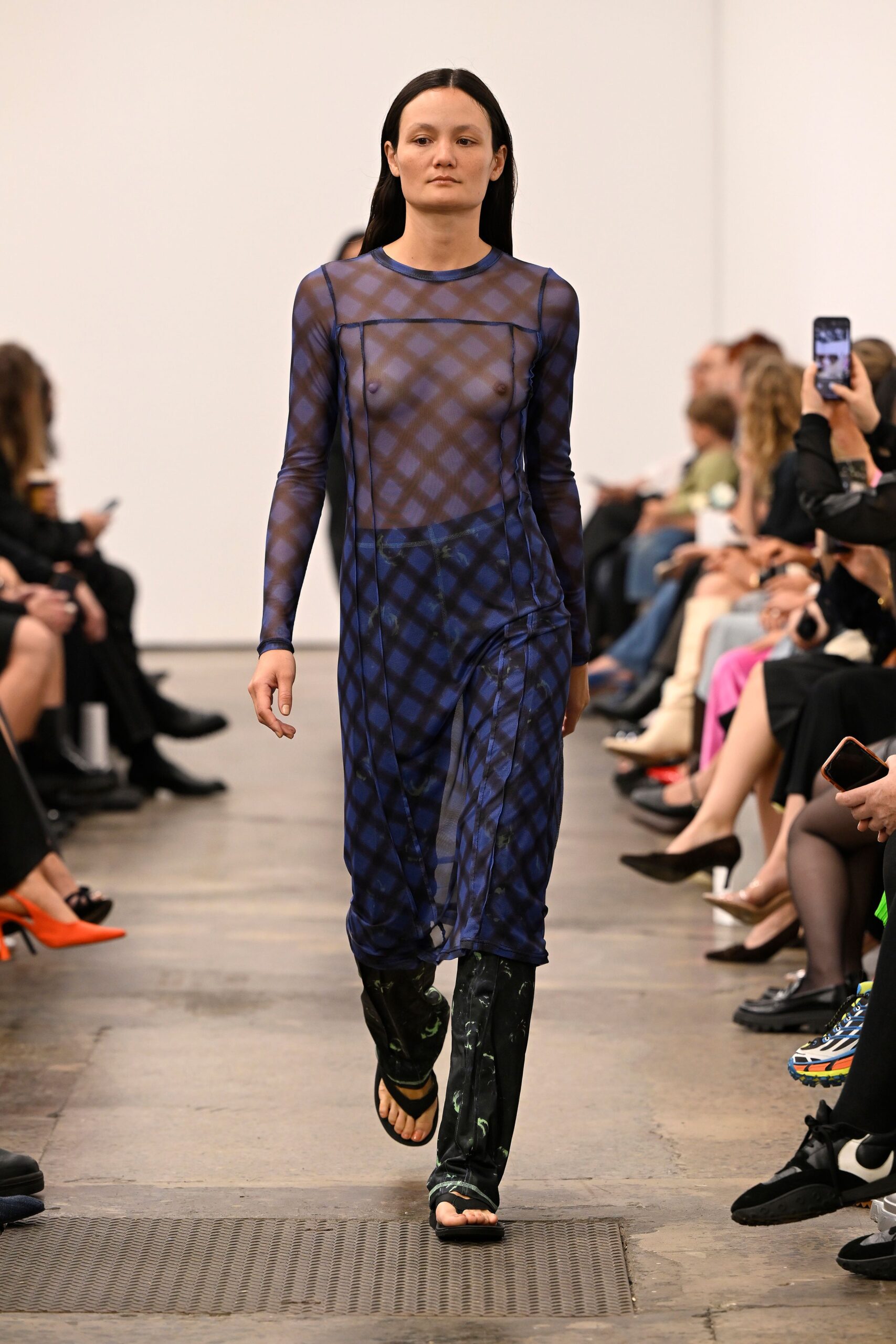 blue checked mesh midi dress