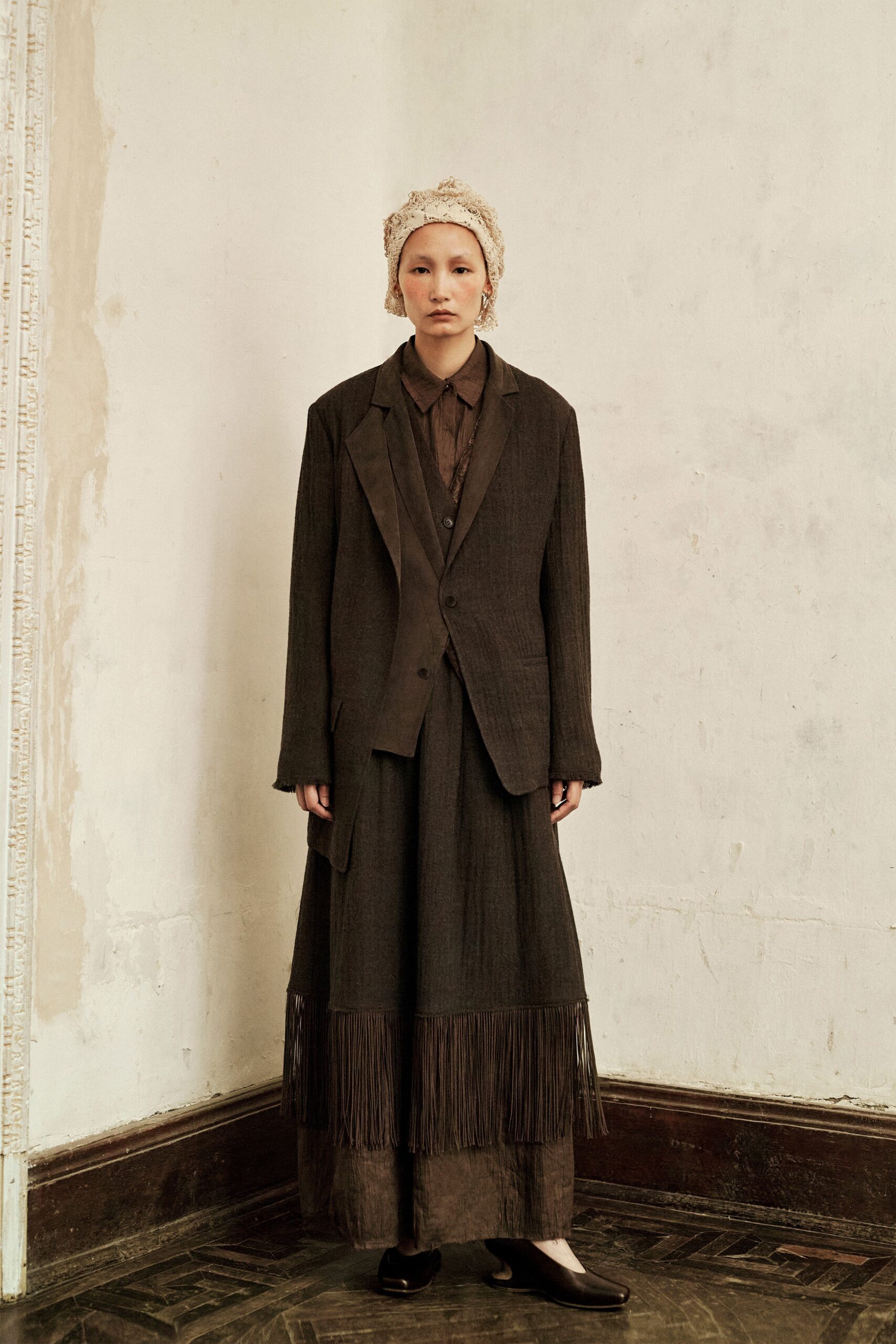 brown wool long-sleeve collared structured buttoned blazer