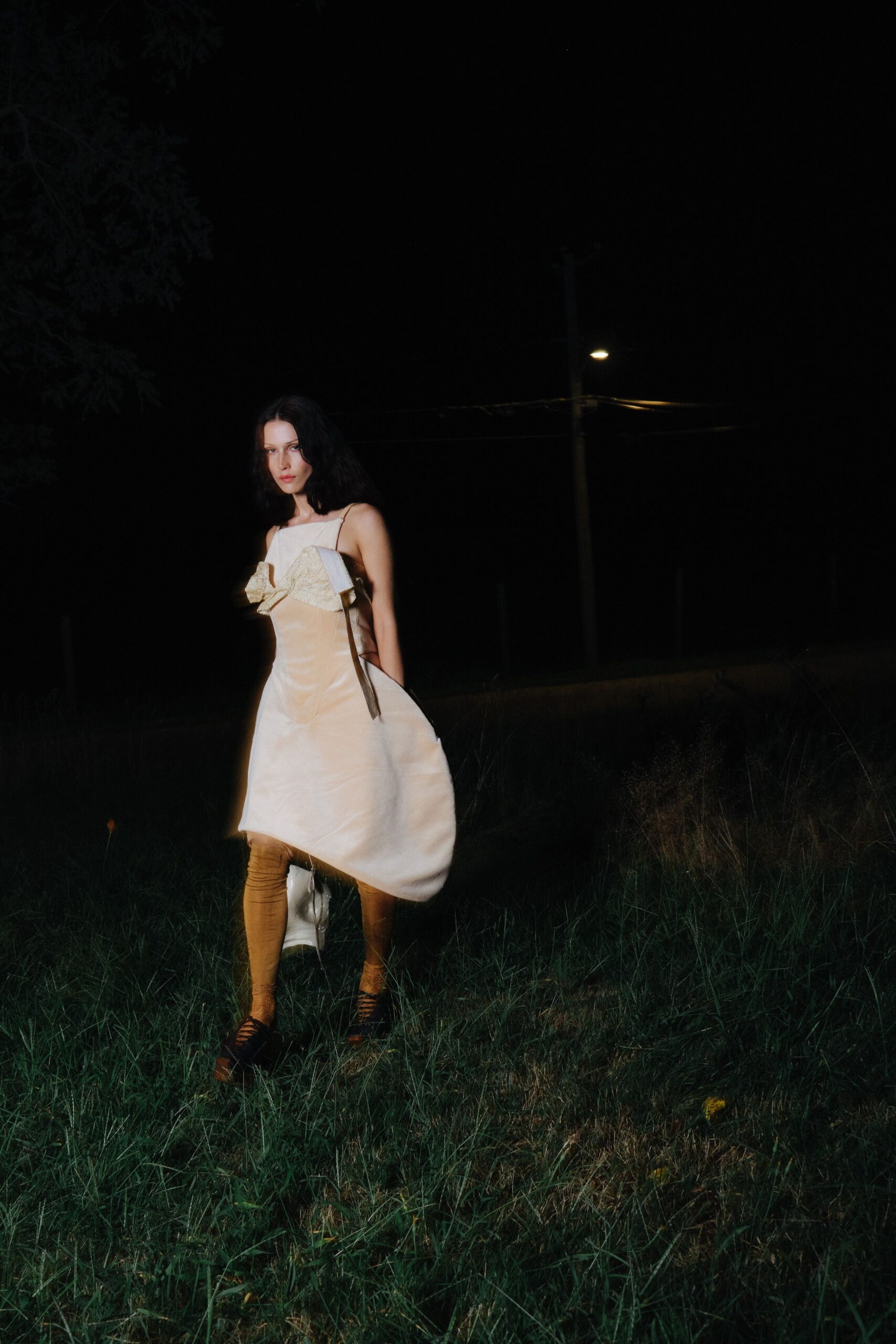 beige silk fitted dress
