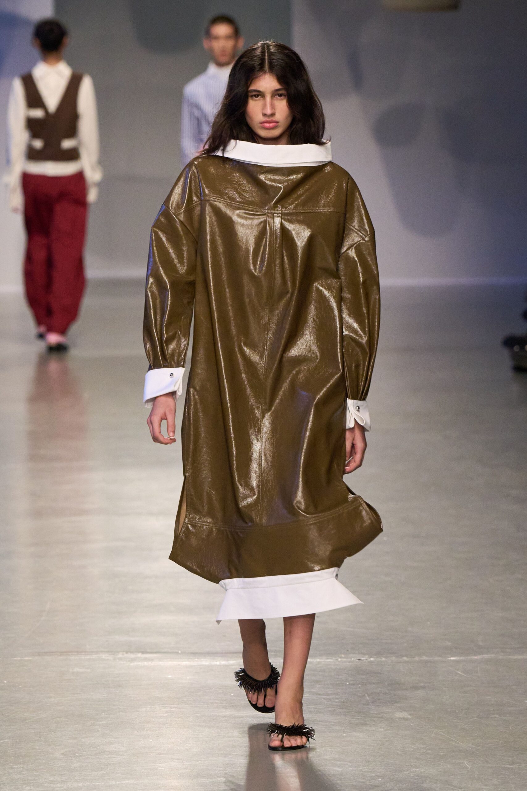 brown leather long-sleeve collared oversized draped midi dress