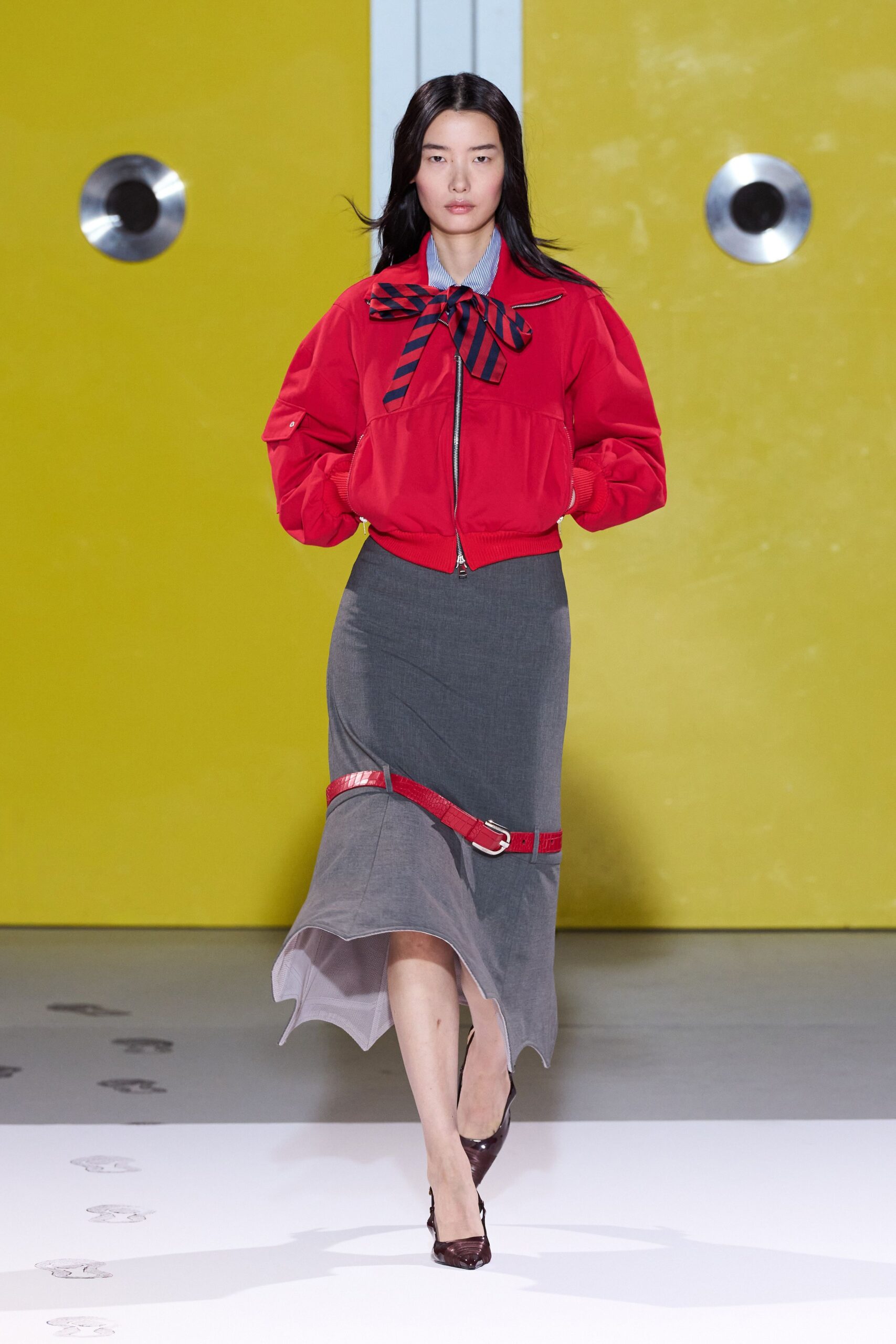 gray wool asymmetric fitted pleated midi skirt