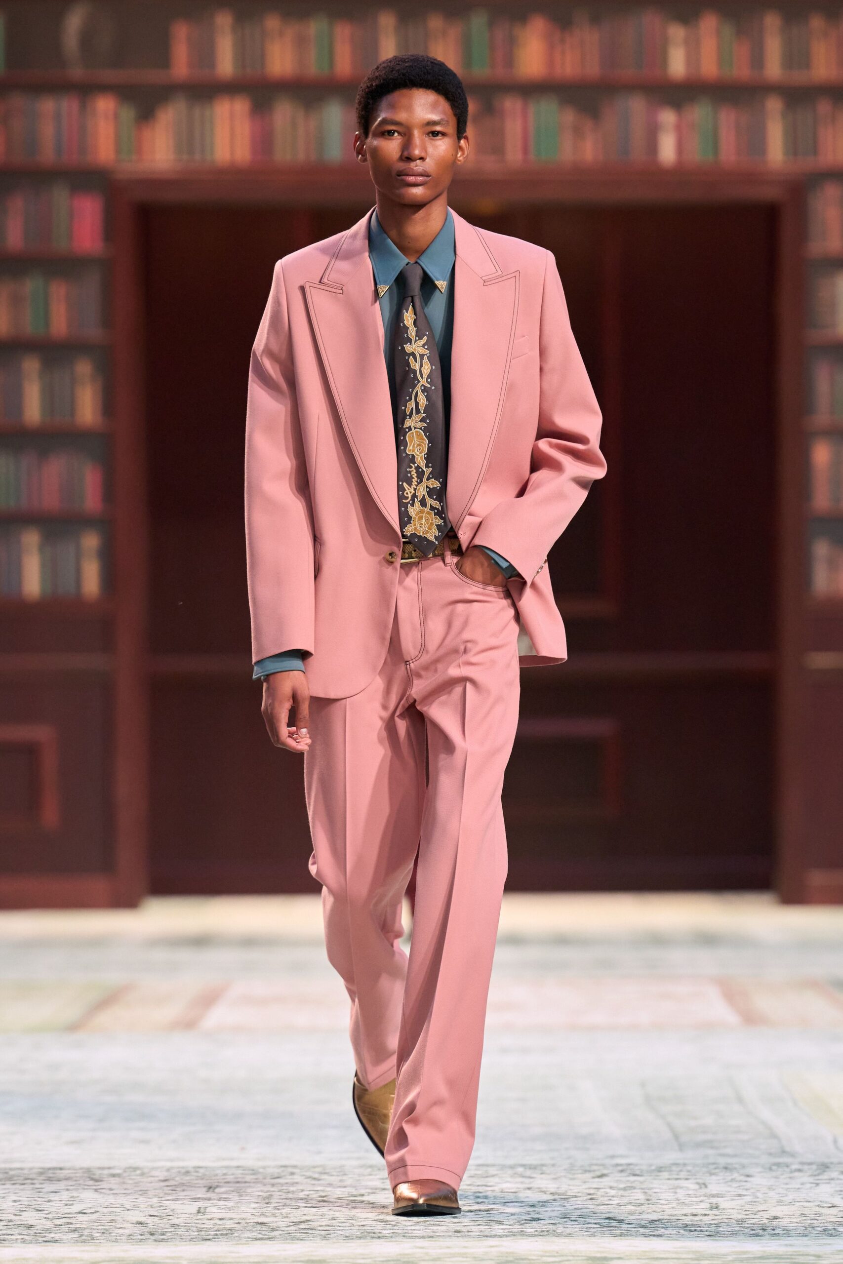 pink long-sleeve collared tailored buttoned suit