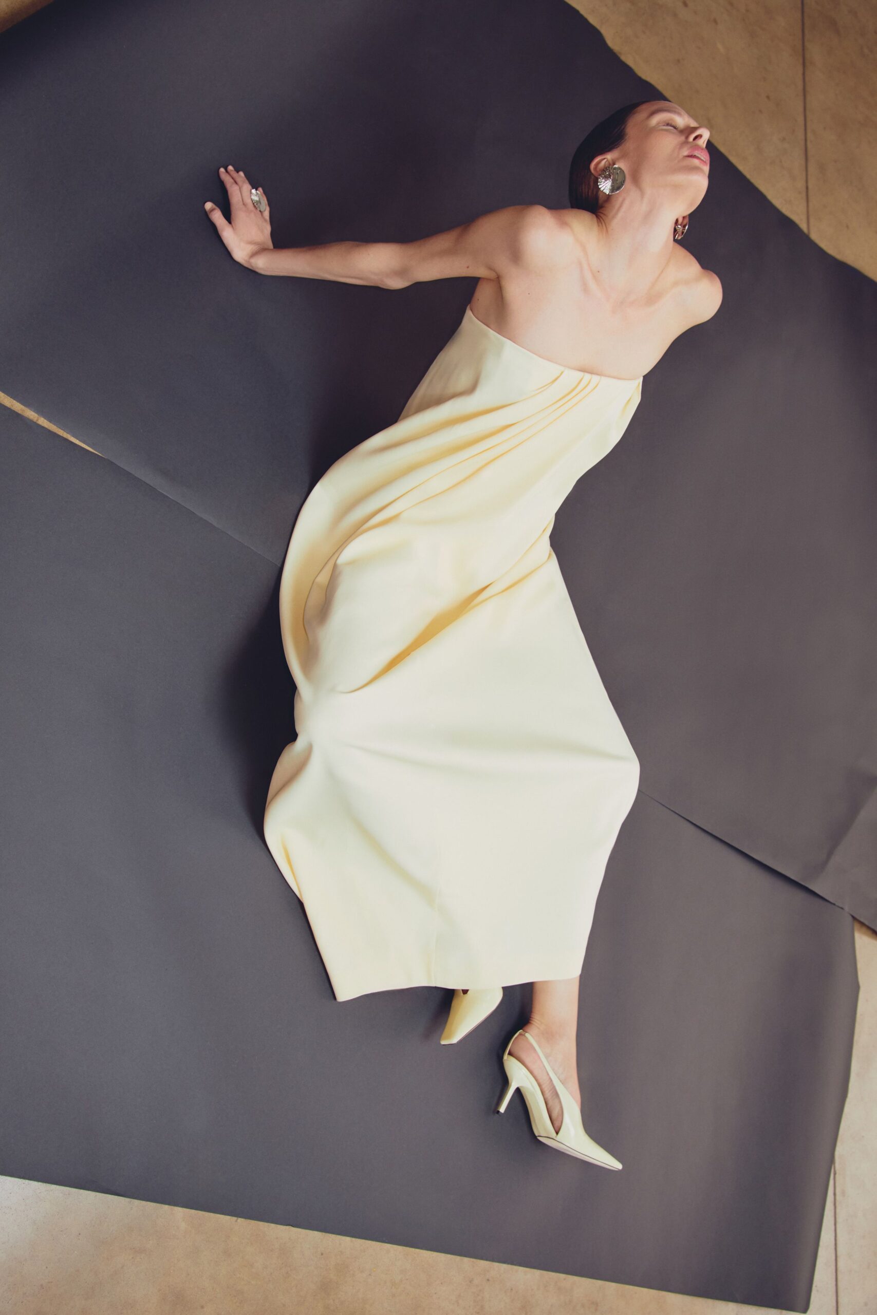 yellow silk strapless fitted draped flowing maxi gown