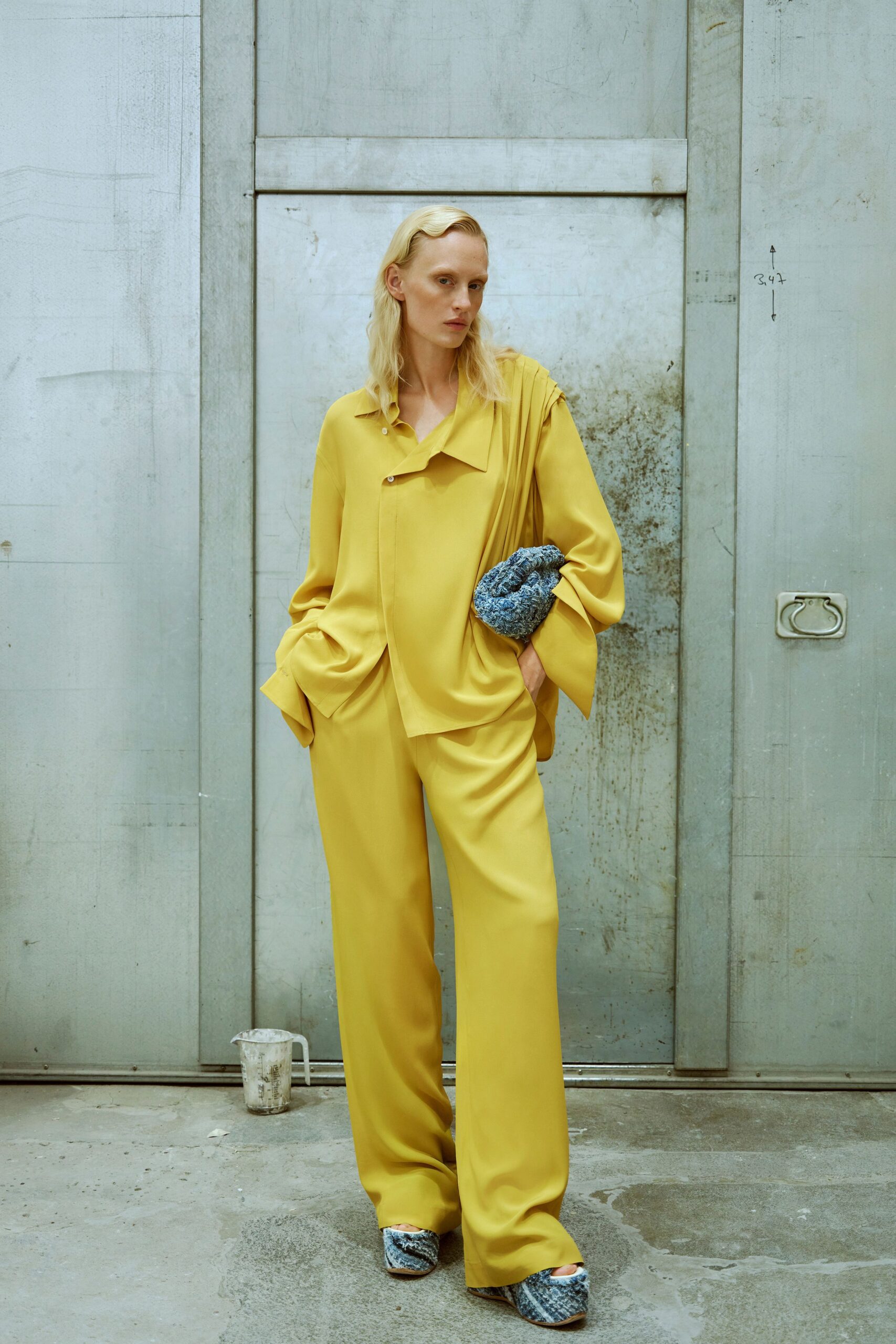 yellow silk long-sleeve collared relaxed shirt