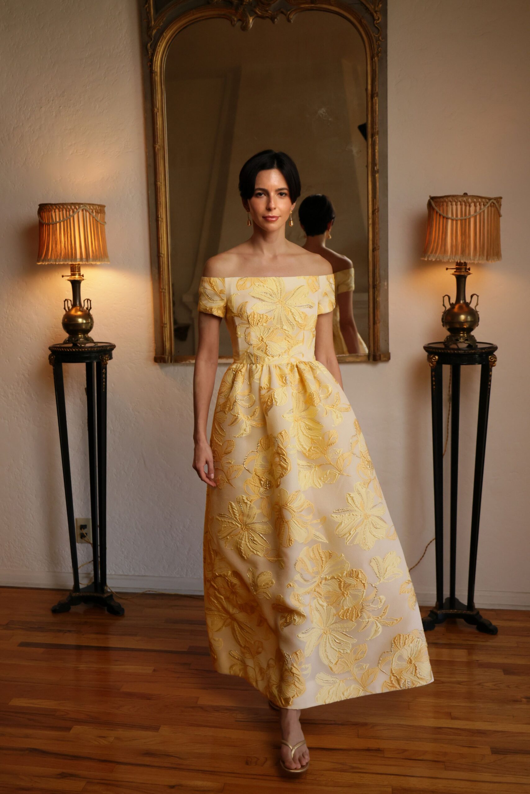 yellow silk off-shoulder fitted embroidered tiered maxi gown