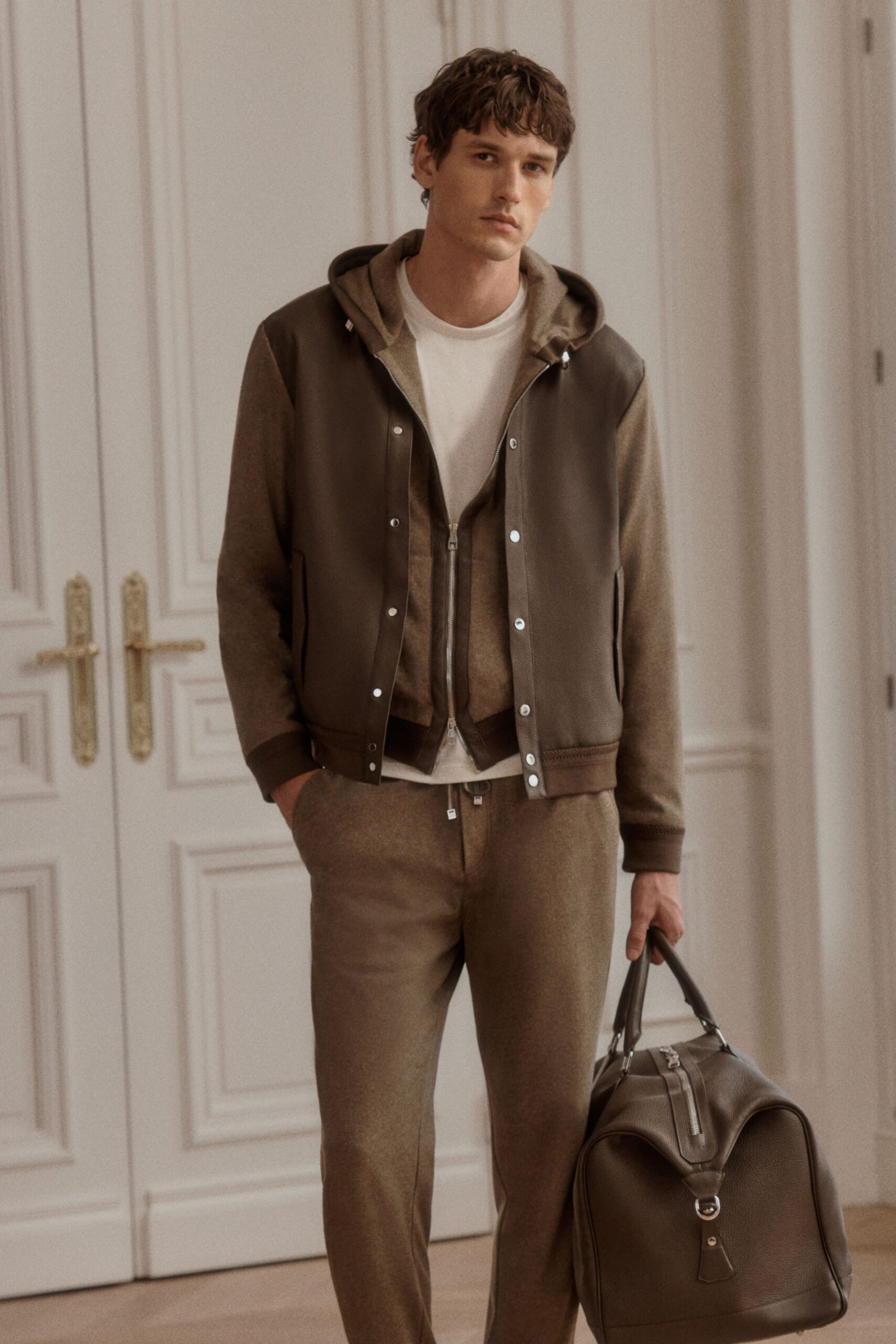 brown relaxed jacket with t-shirt and pants