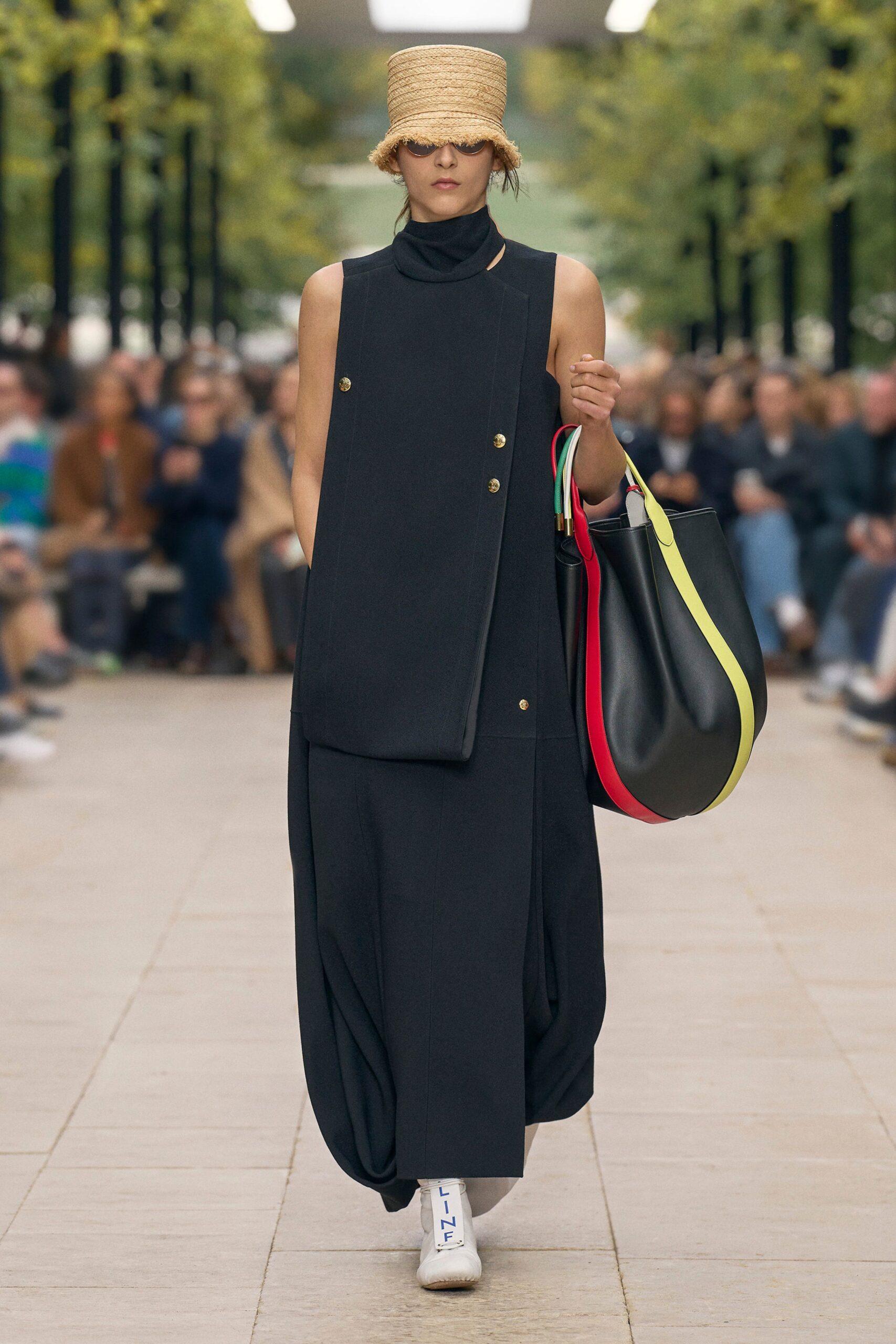 black relaxed midi dress with accessories
