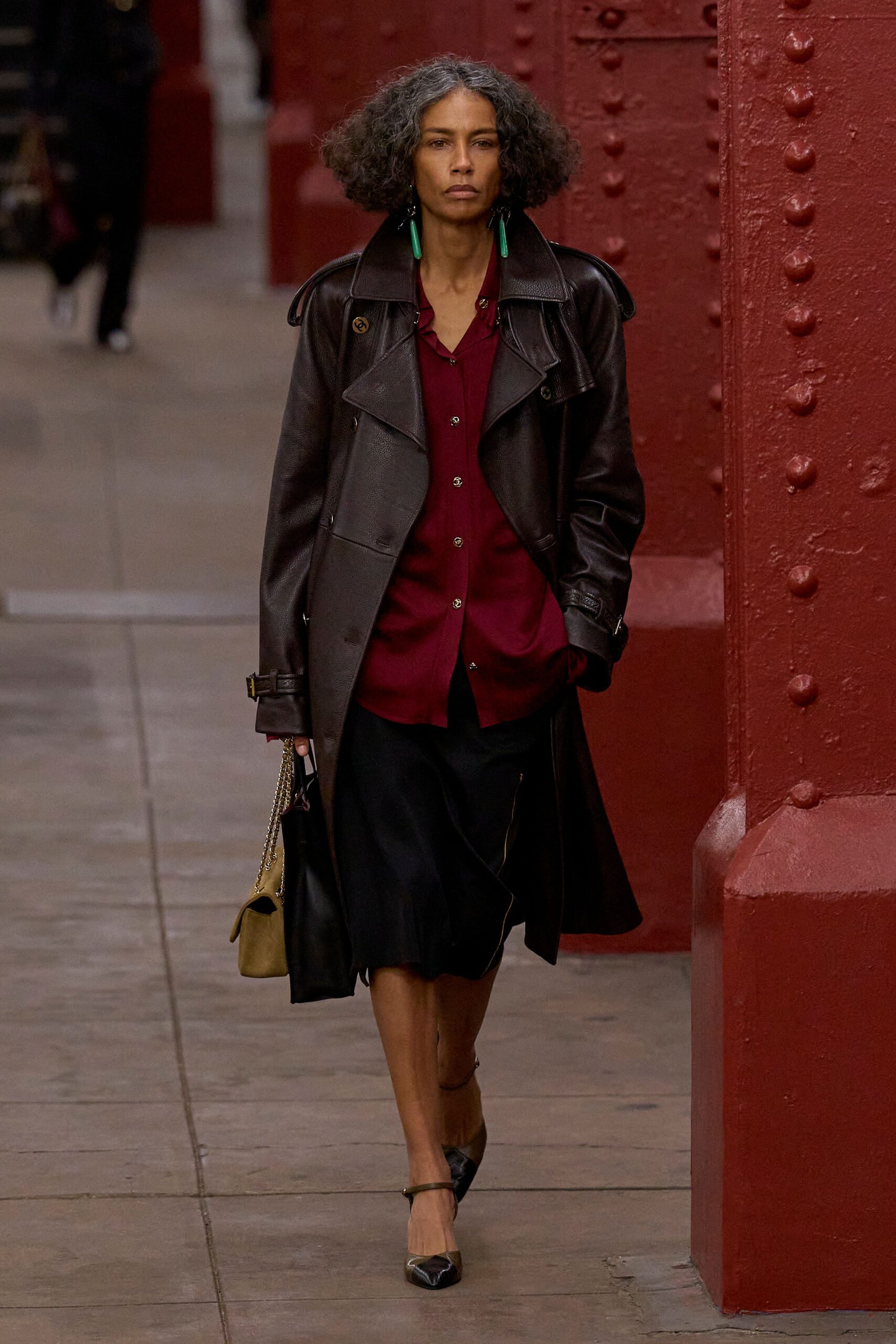 brown leather long-sleeve collared relaxed buttoned coat