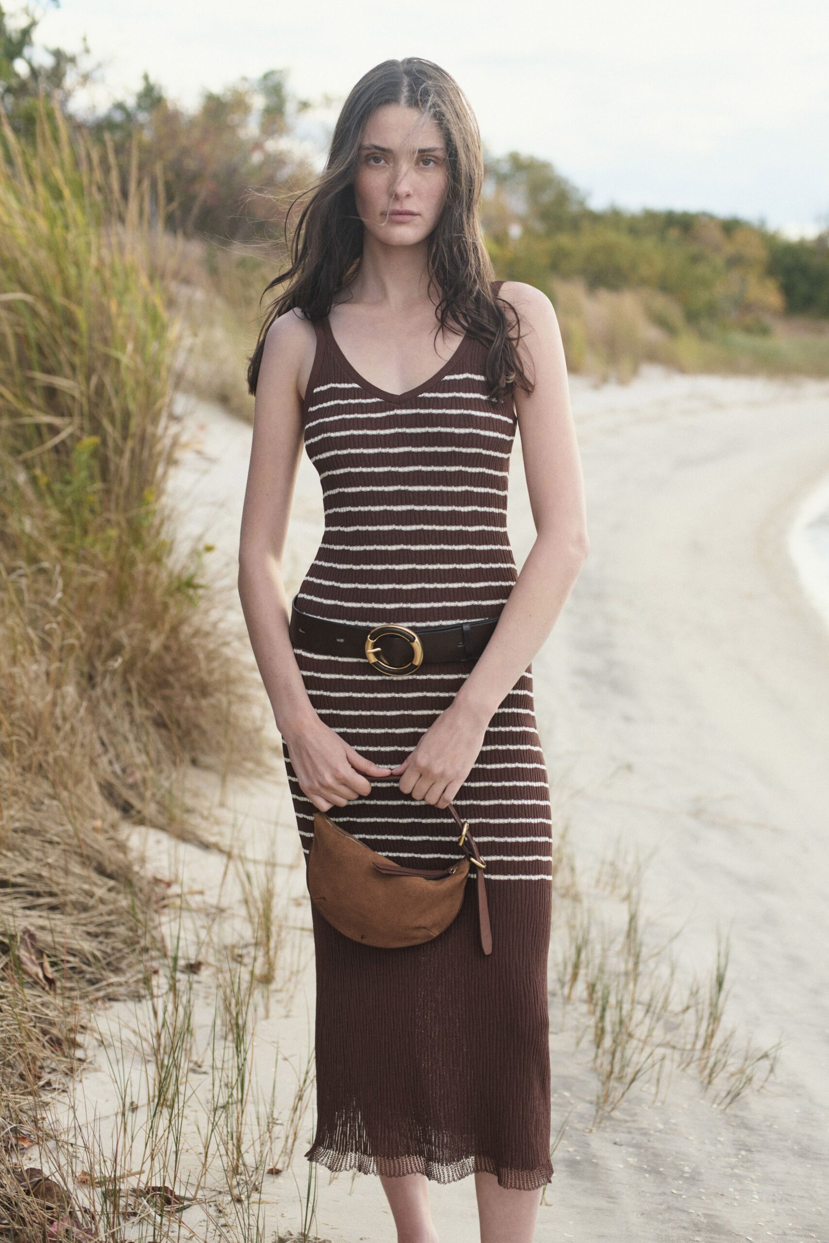 brown and white striped midi dress