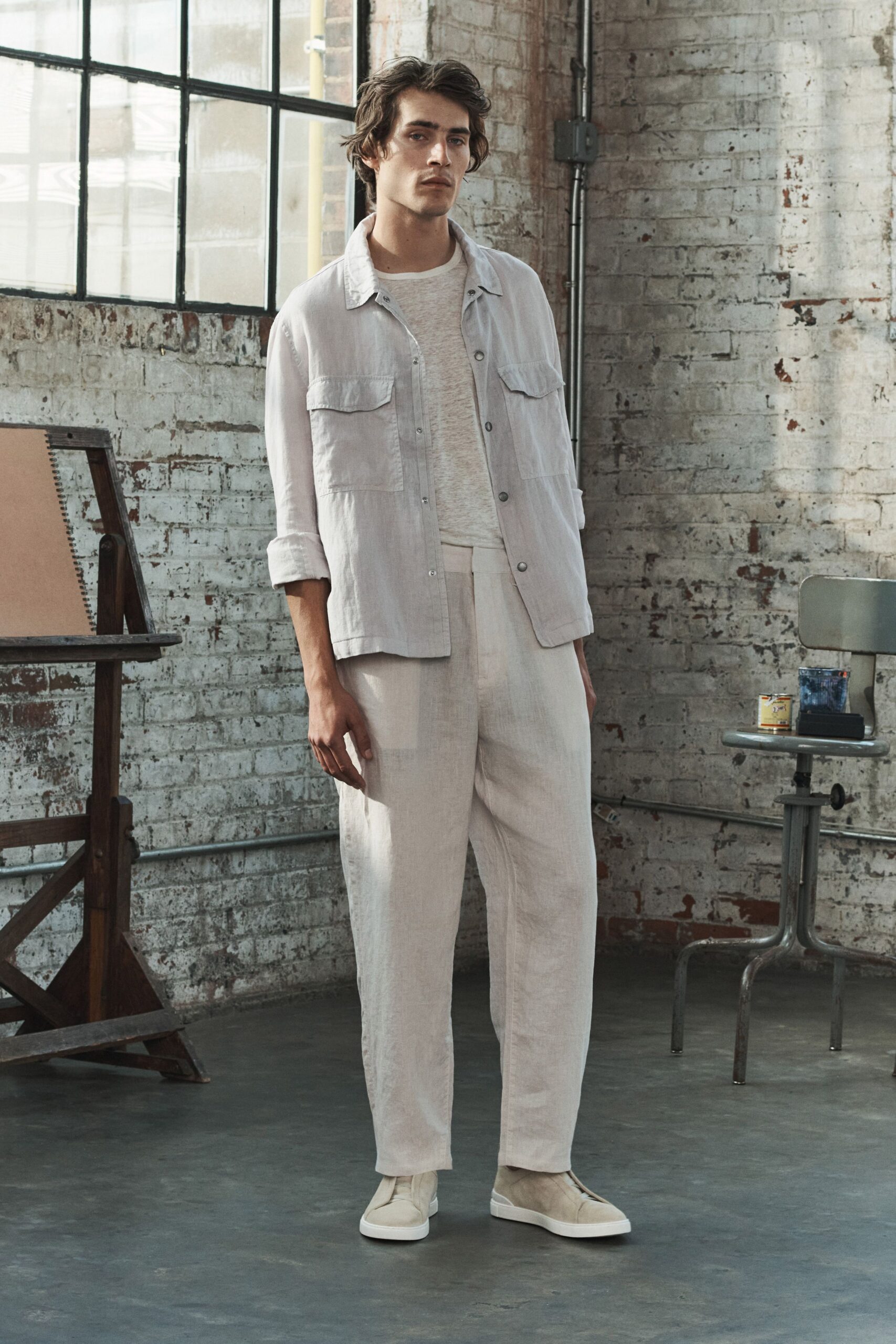 beige linen shirt and pants